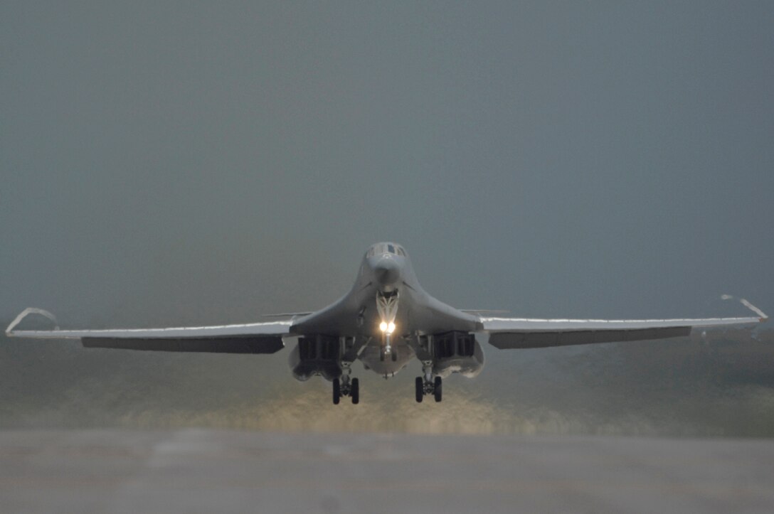 A 34th Bomb Squadron B-1B Lancer takes off en route to Southwest Asia in support of Operations Iraqi Freedom and Enduring Freedom July 24. At their deployed location, this will be the first use of the Sniper Advanced Targeting Pod by Ellsworth B-1s; the Sniper ATP is a long-range precision targeting system that supports strike missions by providing positive target identification, autonomous tracking, coordinate generation and accurate weapons guidance from extended standoff ranges. (U.S. Air Force photo/Airman Matthew Flynn)

