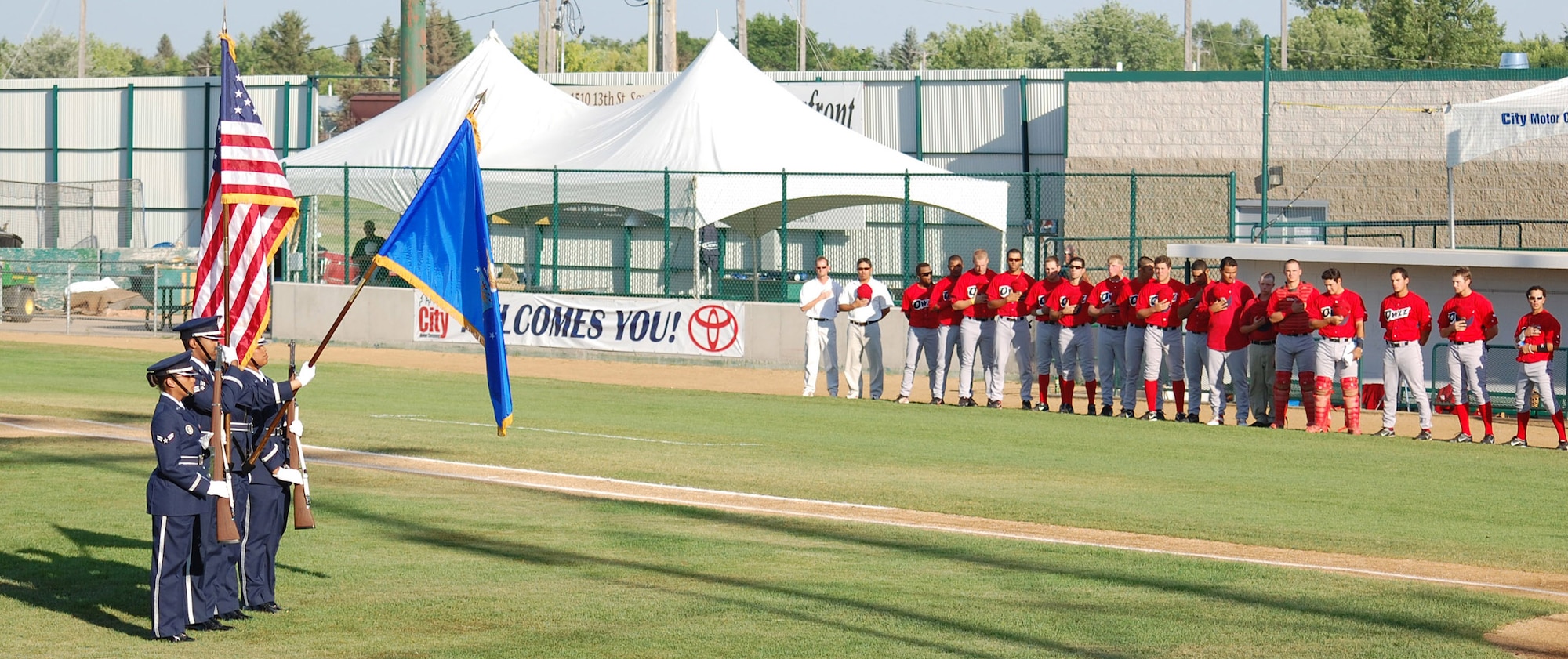 Members of the Malmstrom base honor guard present the colors during Military Appreciation Night at Centene Stadium July 18. (U.S. Air Force photo/Airman 1st Class Dillon White)