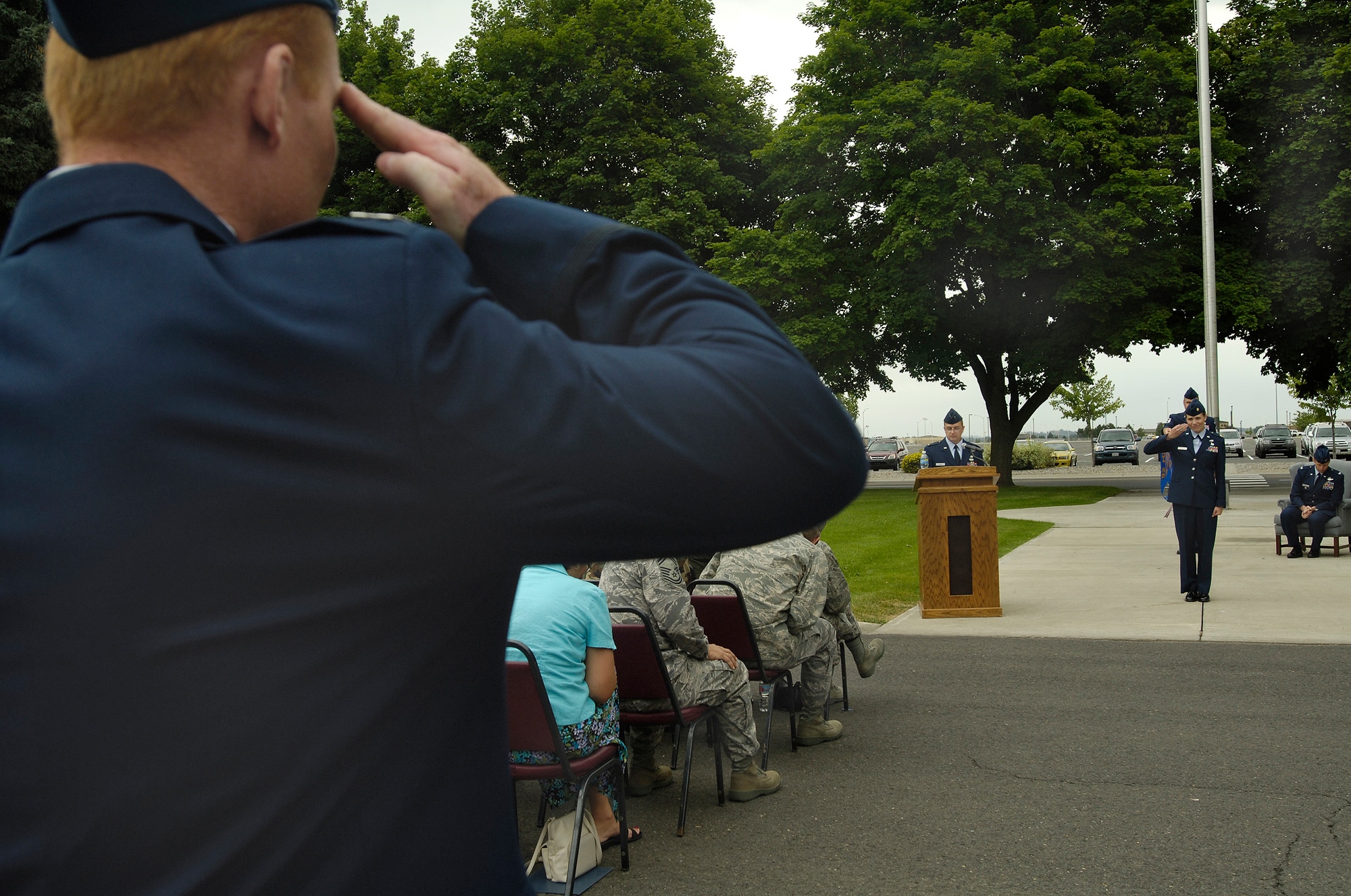 FAIRCHILD AIR FORCE BASE, Wash. – Maj. Melissa Cunningham, 92nd Communications Squadron commander, receives her first salute as commander during the 92nd CS change-of-command ceremony July 22. (U.S. Air Force photo / Senior Airman Eunique Stevens)