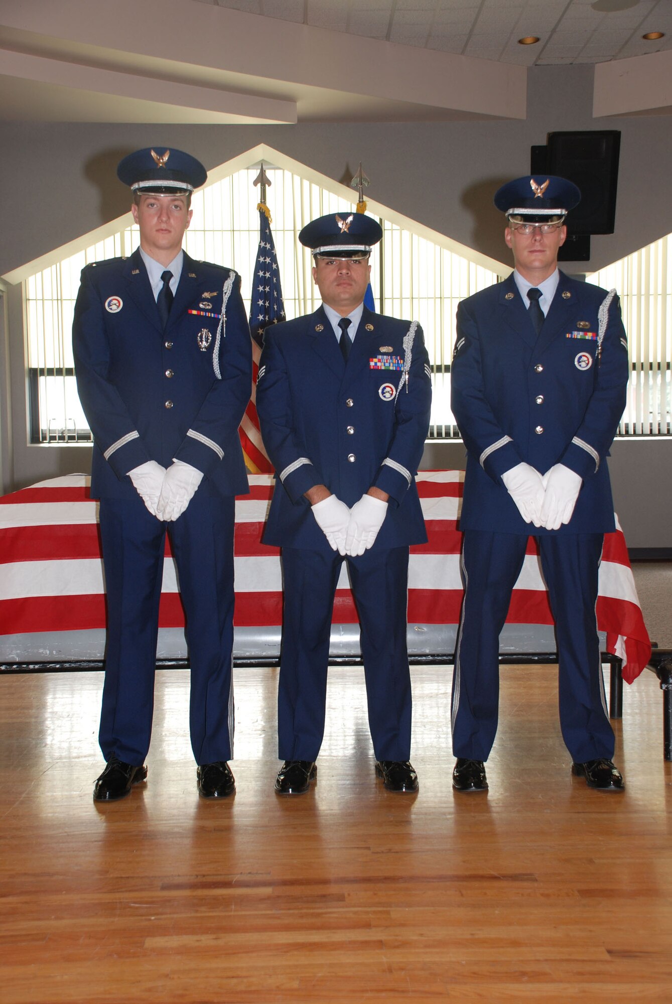 Three members of the Malmstrom base honor guard attended the mobile training class at F.E. Warren AFB, Wyo., July 7 to 16. From left, 2nd Lt. Robert Wray, 12th Missile Squadron; Senior Airman Kwinton Estacio, 341st Force Support Squadron; and Airman 1st Class Dillon White, 341st Missile Wing Public Affairs. (U.S. Air Force photo/Airman 1st Class Daryl Knee)