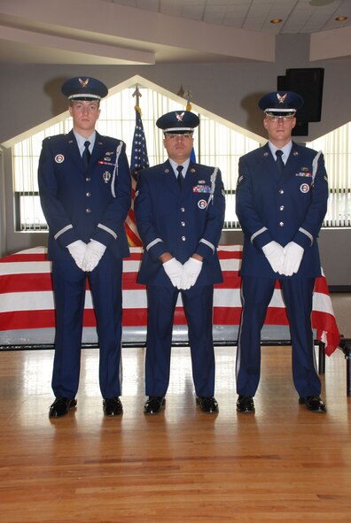 Three members of the Malmstrom base honor guard attended the mobile training class at F.E. Warren AFB, Wyo., July 7 to 16. From left, 2nd Lt. Robert Wray, 12th Missile Squadron; Senior Airman Kwinton Estacio, 341st Force Support Squadron; and Airman 1st Class Dillon White, 341st Missile Wing Public Affairs. (U.S. Air Force photo/Airman 1st Class Daryl Knee)