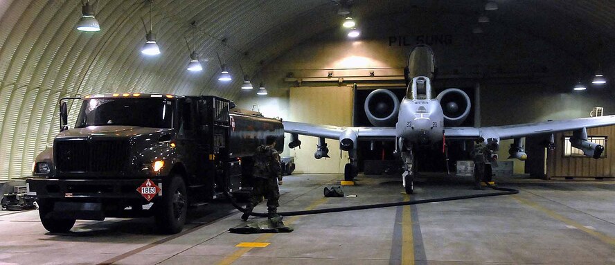 OSAN AIR BASE, Republic of Korea -- An A-10 aircraft receives JP-8 fuel in a hardened aircraft shelter during Exercise Beverly Bulldog 08-03 July 23. (U.S. Air Force photo/Staff Sgt. Scottie McCord)
