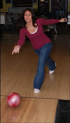 Technical Sergeant Brandi Wallace bowls at the Tropicana Bowling Center, St. Louis, Mo., May 11.