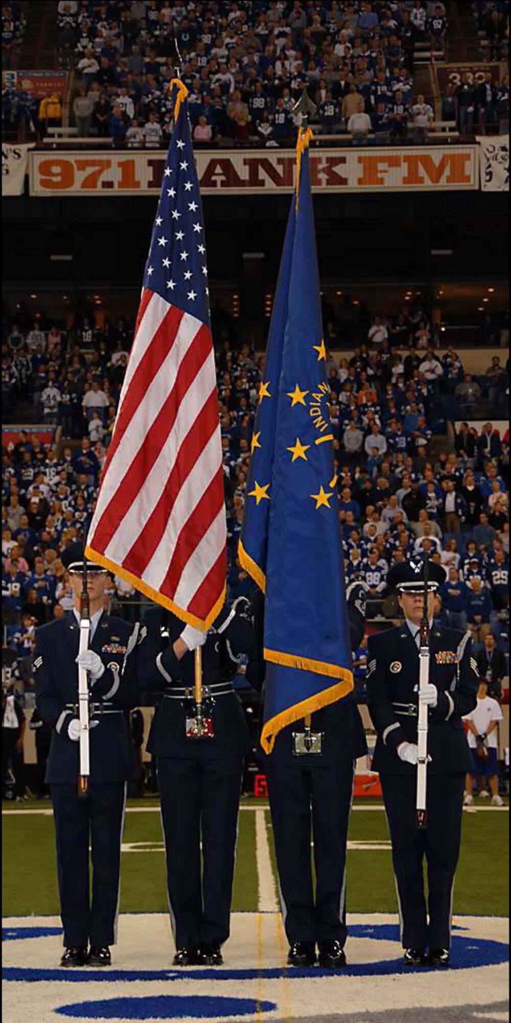 On Sunday Dec. 2, 181st Honor Guard marched onto the 50-yard line at the RCA Dome to display the nation’s flag before the Indianapolis Colts game against the Jacksonville Jaguars. (Photo by TSgt Michael Kellams)