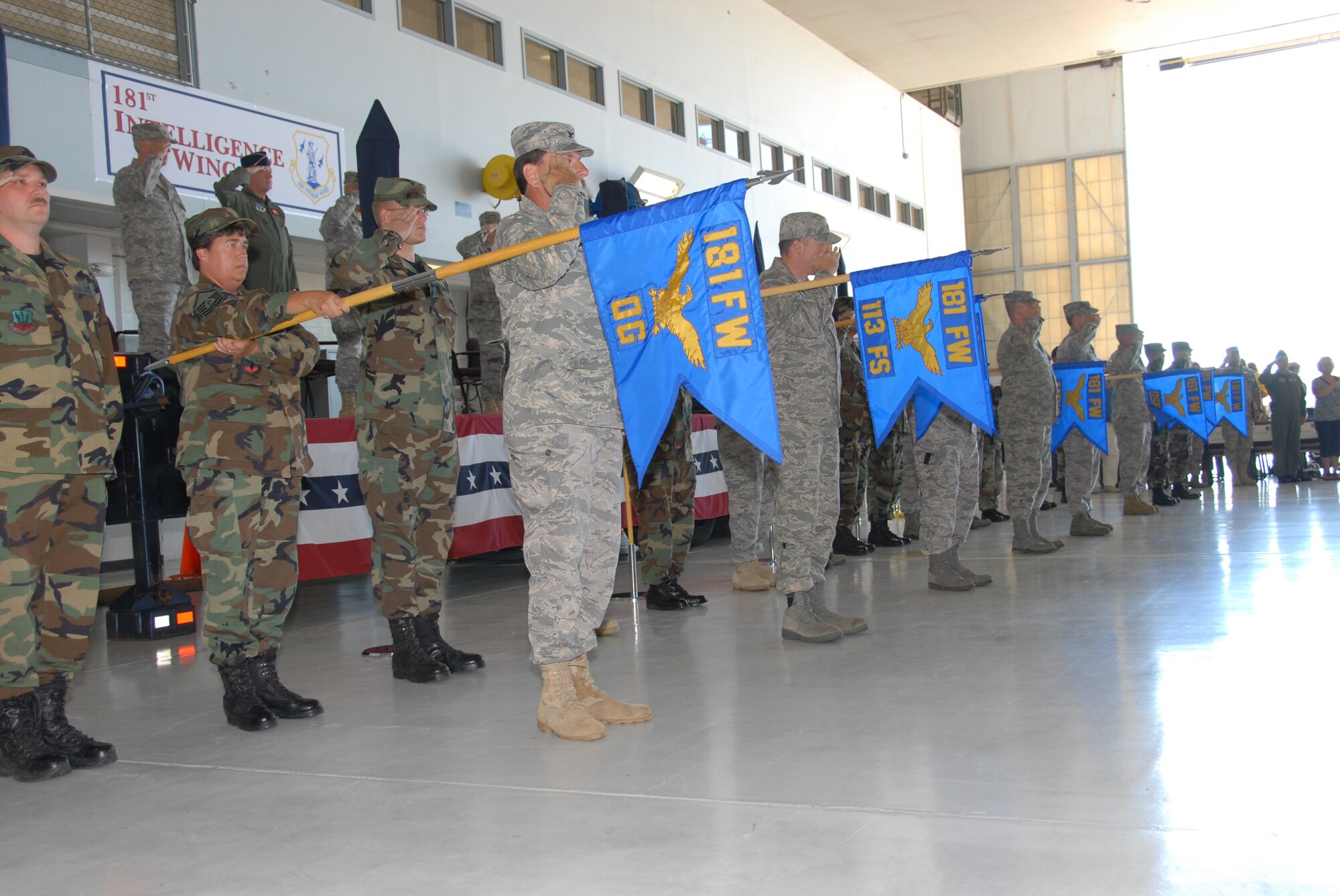 The181st Fighter Wing, Terre Haute, Ind., conducted a redesignation ceremony on 13 July, 2008 officially marking its transition from flying jets to processing intelligence and providing ground support to air operations at forward locations. U.S. Air force photo by TSgt Michael W. Kellams.