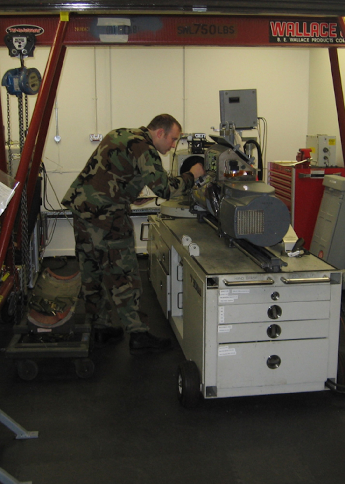 Staff Sgt. Gary Pergande, 48th Component Maintenance Squadron, works on a low altitude navigation and targeting infrared for night pod in the newly redesigned Gold Laboratory. The 48th CMS sensors shop was reconfigured to better facilitate an increase in equipment. (U.S. Air Force photo courtesy of 48th CMS) 