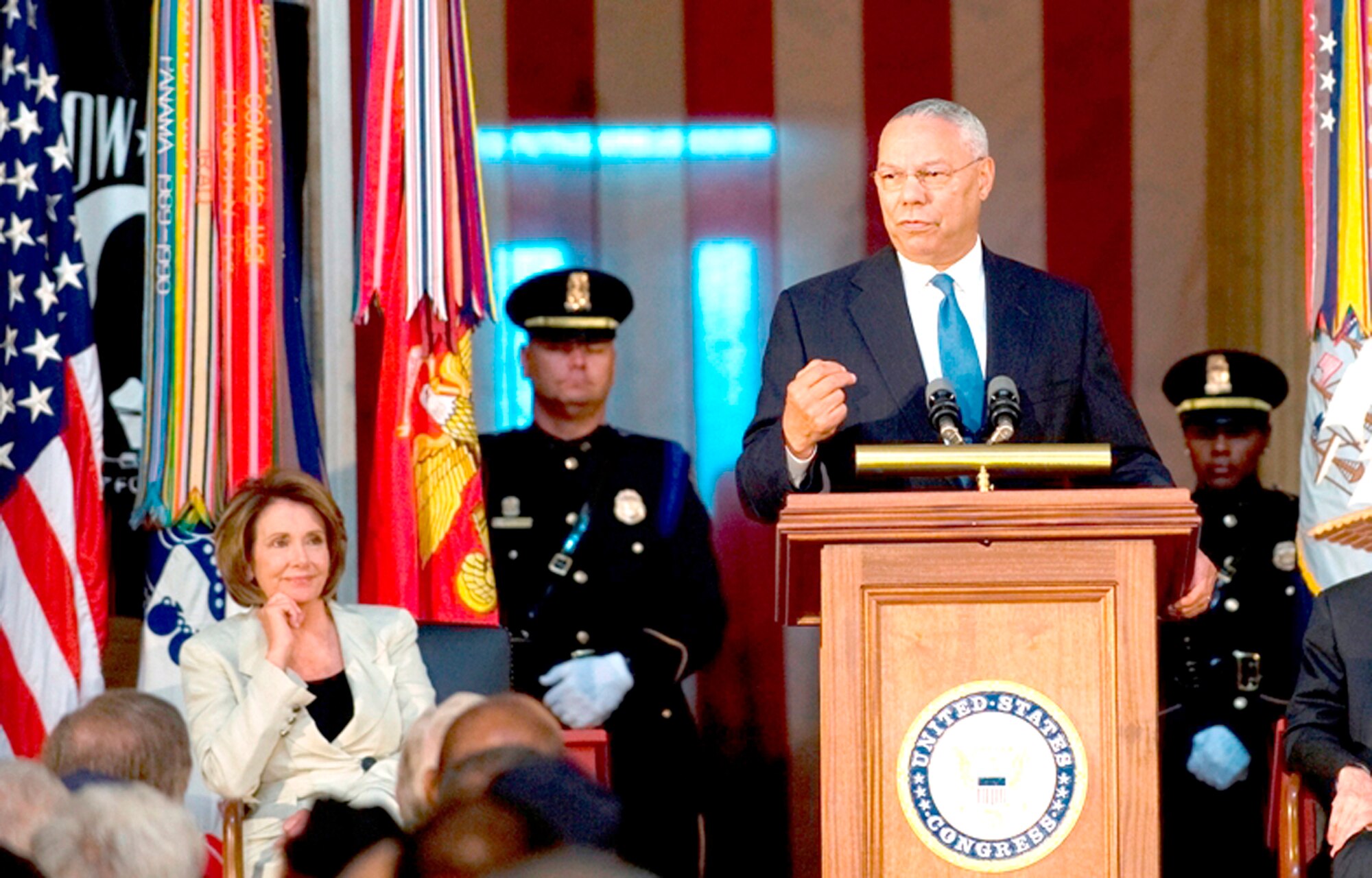 Gen. Colin Powell, former secretary of state and the 12th chairman of the Joint Chiefs of Staff, addresses the audience at the 60th anniversary of the integration of the armed forces in the Capitol Rotunda, Washington, D.C., July 23. (U.S. Army photo/D. Myles Cullen) 
