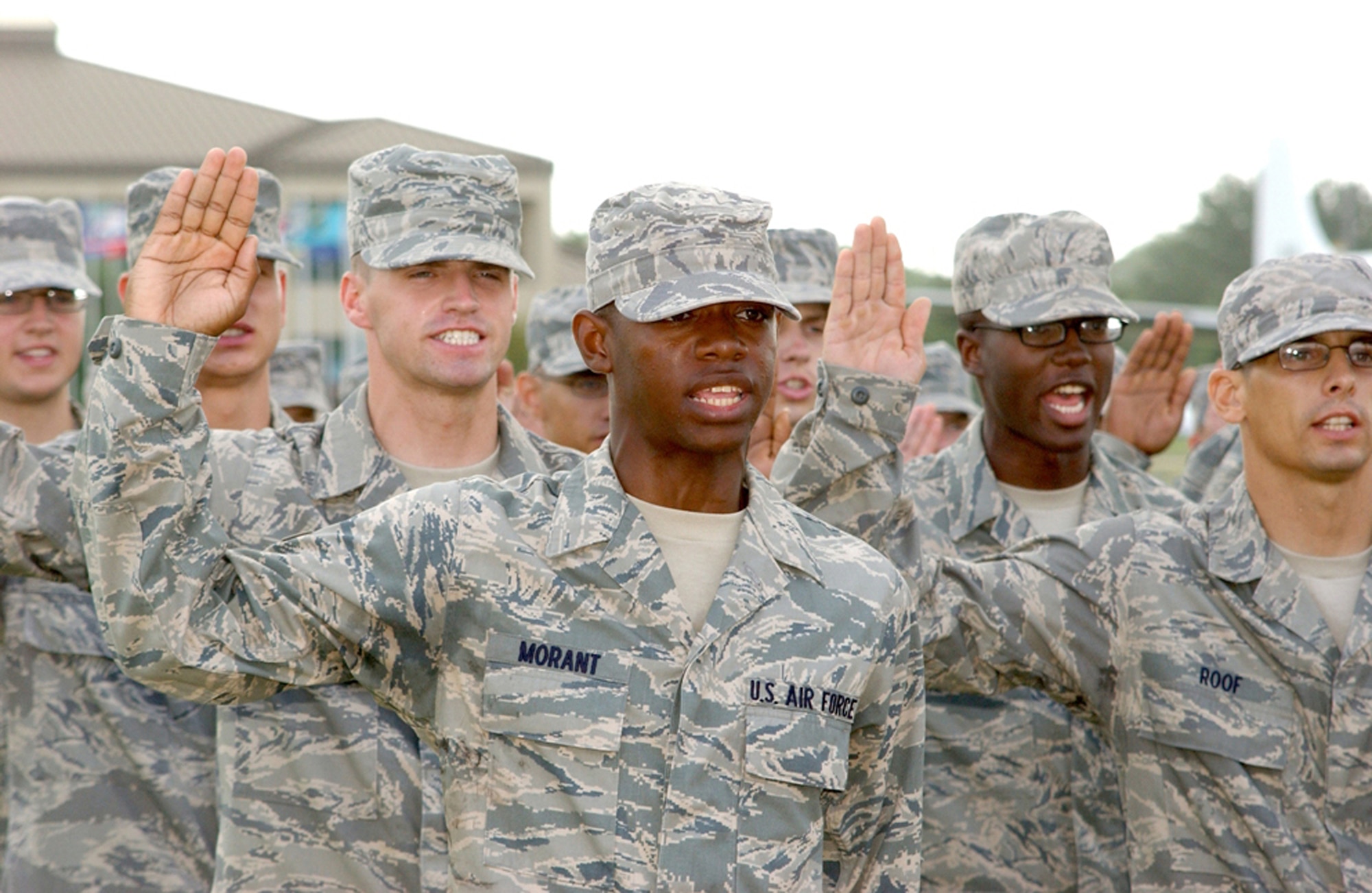 Basic trainees with the 326th Training Squadron stand in formation during a Basic Military Training graduation ceremony July 25 at Lackland Air Force Base, Texas. (U.S. Air Force photo/Alan Boedeker)