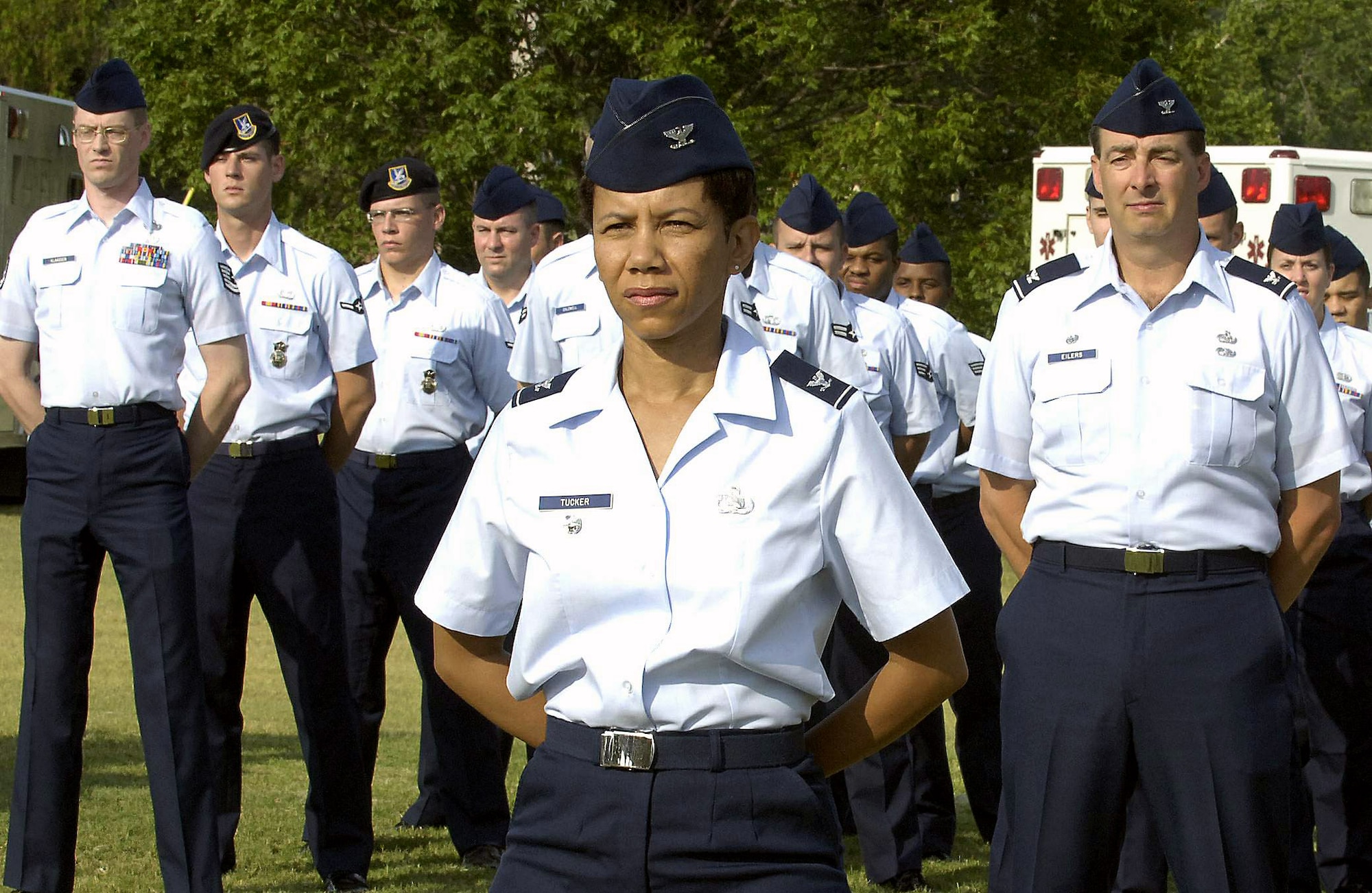 Col. Mona Lisa Tucker, the 72nd Air Base Wing vice commander, stands at ease during Col. Allen Jamerson's assumption of command ceremony July 18 of the wing at Tinker Air Force Base, Okla. The wing has African Americans currently serving in its top three leadership positions. (U.S. Air Force photo/Margo Wright)