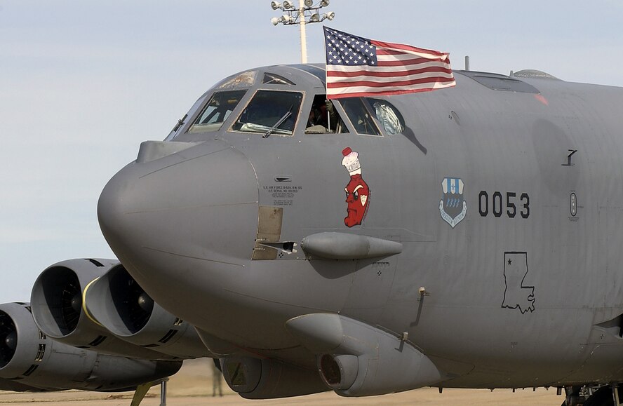 B-52H bomber tail number 60-053 from the 2d Bomb Wing, Barksdale Air Force Base, La. proudly displays the American flag as it taxii's out  on a local training mission. Aircraft 60-053, call sign Raider 21, went down off the coast of Guam July 21, 2008. All six crew members were lost.
(USAF Photo by Technical Sergeant Robert J. Horstman) (Released)