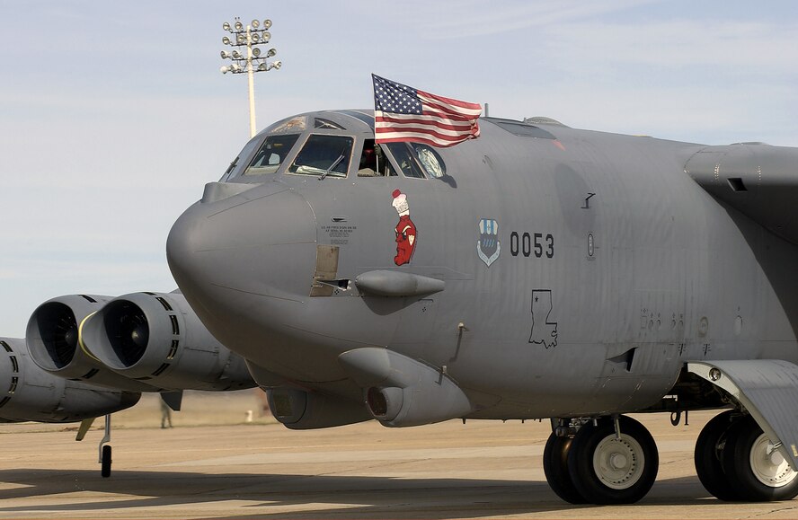 B-52H bomber tail number 60-053 from the 2d Bomb Wing, Barksdale Air Force Base, La. proudly displays the American flag as it taxii's out  on a local training mission. Aircraft 60-053, call sign Raider 21, went down off the coast of Guam July 21, 2008. All six crew members were lost.
(USAF Photo by Technical Sergeant Robert J. Horstman) (Released)