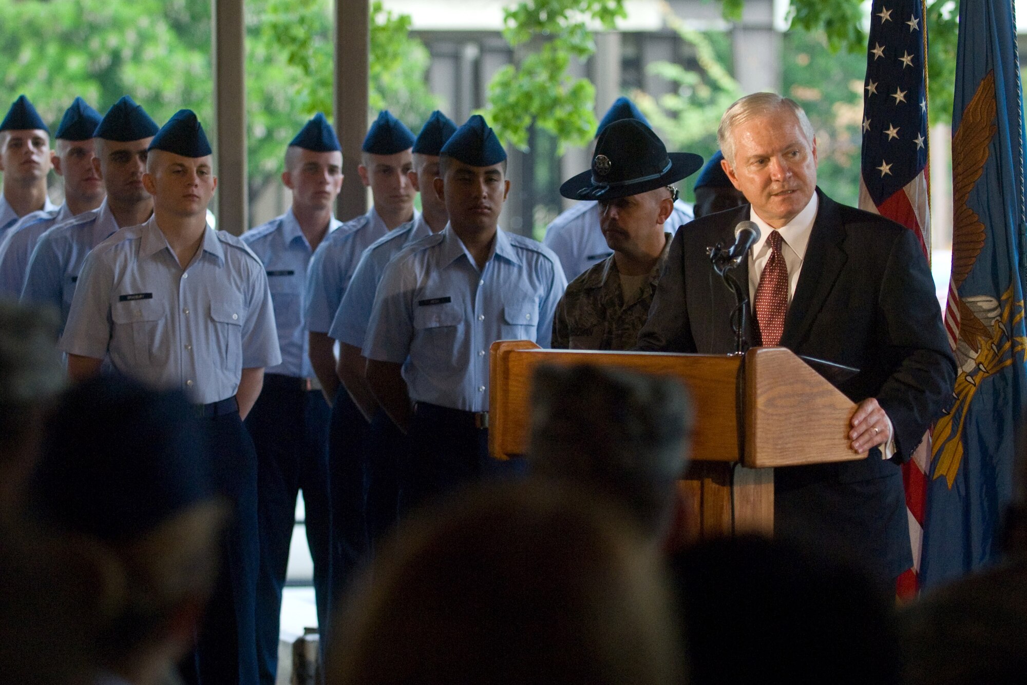 Secretary of Defense Robert M. Gates addresses the audience July 24 during a ceremony for Air Force basic military training graduates during his visit to Lackland Air Force Base, Texas. (Department of Defense photo/Cherie Cullen) 