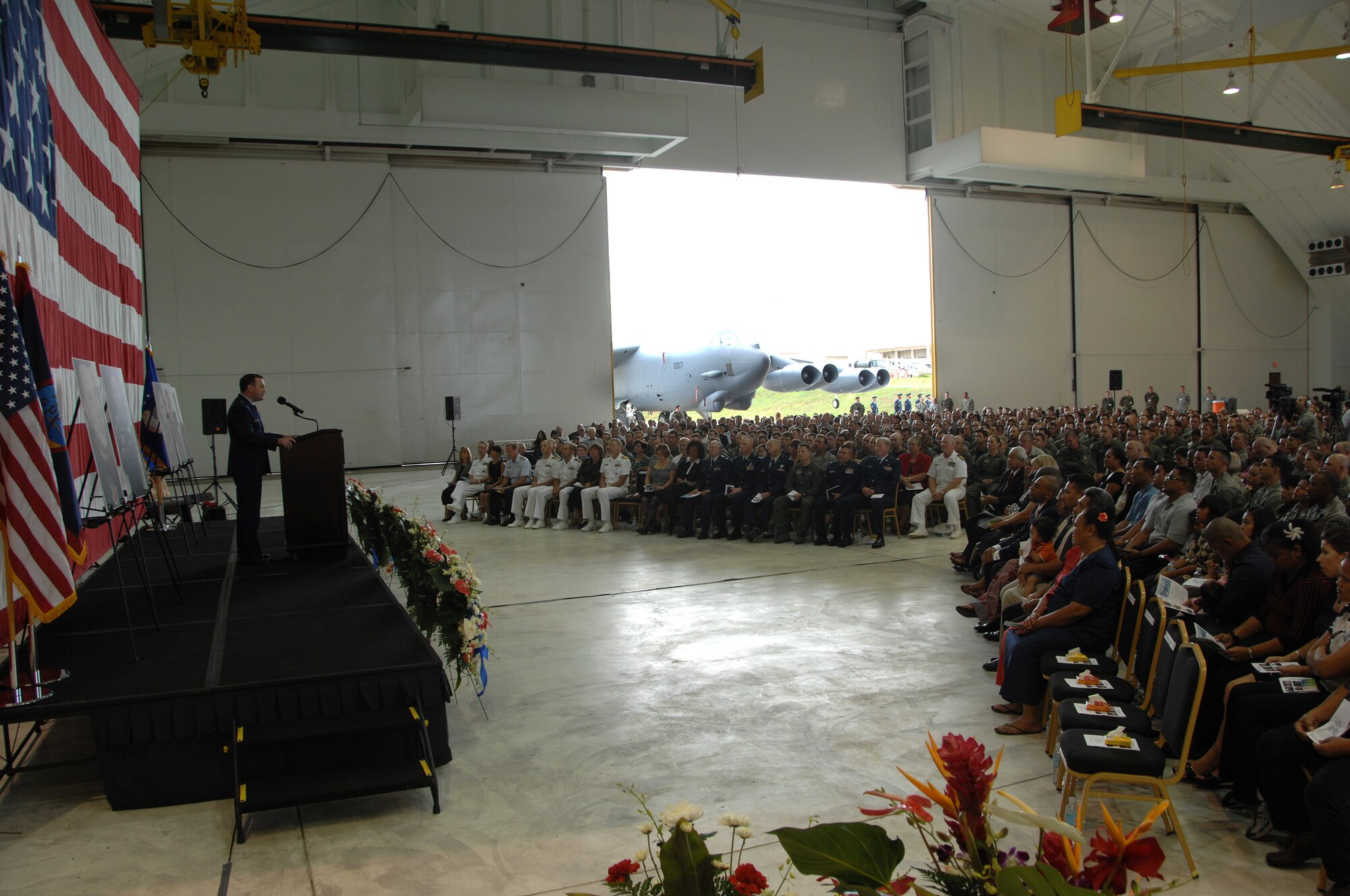 ANDERSEN AIR FORCE BASE, Guam - Brig. Gen. Doug Owens, 36th Wing commander, delivers a heartfelt message to more than 1,800 guests who attended a memorial ceremony Friday at Andersen’s Hangar One.  The ceremony honored the six Airmen who died when their B-52 crashed Monday 25 miles off the coast of Guam.  Their mission was to fly over Guam’s Liberation Day parade celebrating the island’s liberation from Japanese occupation in World War II. (U.S. Air Force photo by Airman 1st Class Courtney Witt)
