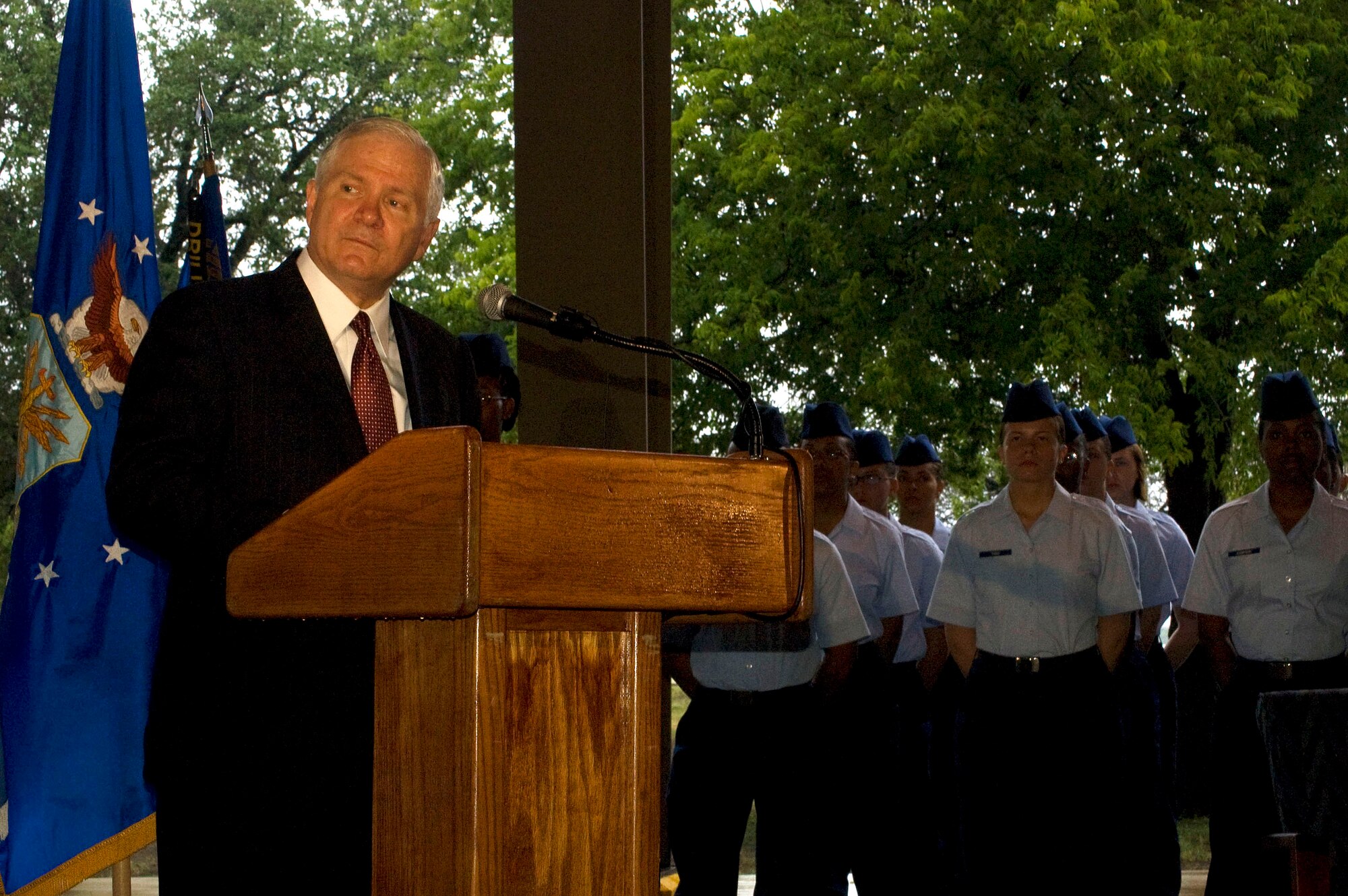 Defense Secretary Robert M. Gates speaks to Airmen at Lackland Air Force Base, Texas, July 24 just prior to the basic trainees receiving their Airman's coin. Secretary Gates toured the Air Force's Basic Military Training facility and praised the trainees on their perseverance and dedication. (U.S Air Force Photo/Staff Sgt. Jeremy Larlee)