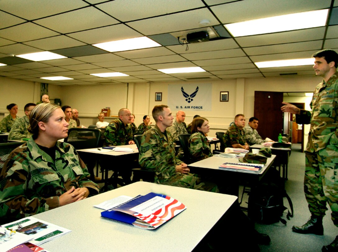 GRISSOM AIR RESERVE BASE, Ind., -- Maj. Anthony Green, deputy staff judge advocate, gives a Uniform Code of Military Justice briefing to new base personnel during a recent unit training assembly.  The briefing was one of many given by base agencies as part of newcomer's orientation held each month.  (U.S. Air Force Photo/Tech. Sgt. Patrick Kuminecz)