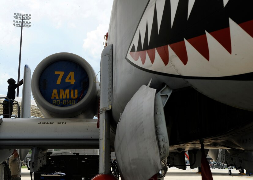 MOODY AIR FORCE BASE, Ga. -- Airman 1st Class Antonio Prioleau, 23rd Aircraft Maintenance Squadron A-10C Thunderbolt II crew chief, changes a part on a rudder on an A-10C aircraft here July 25. (U.S. Air Force photo by Airman 1st Class Brittany Barker)