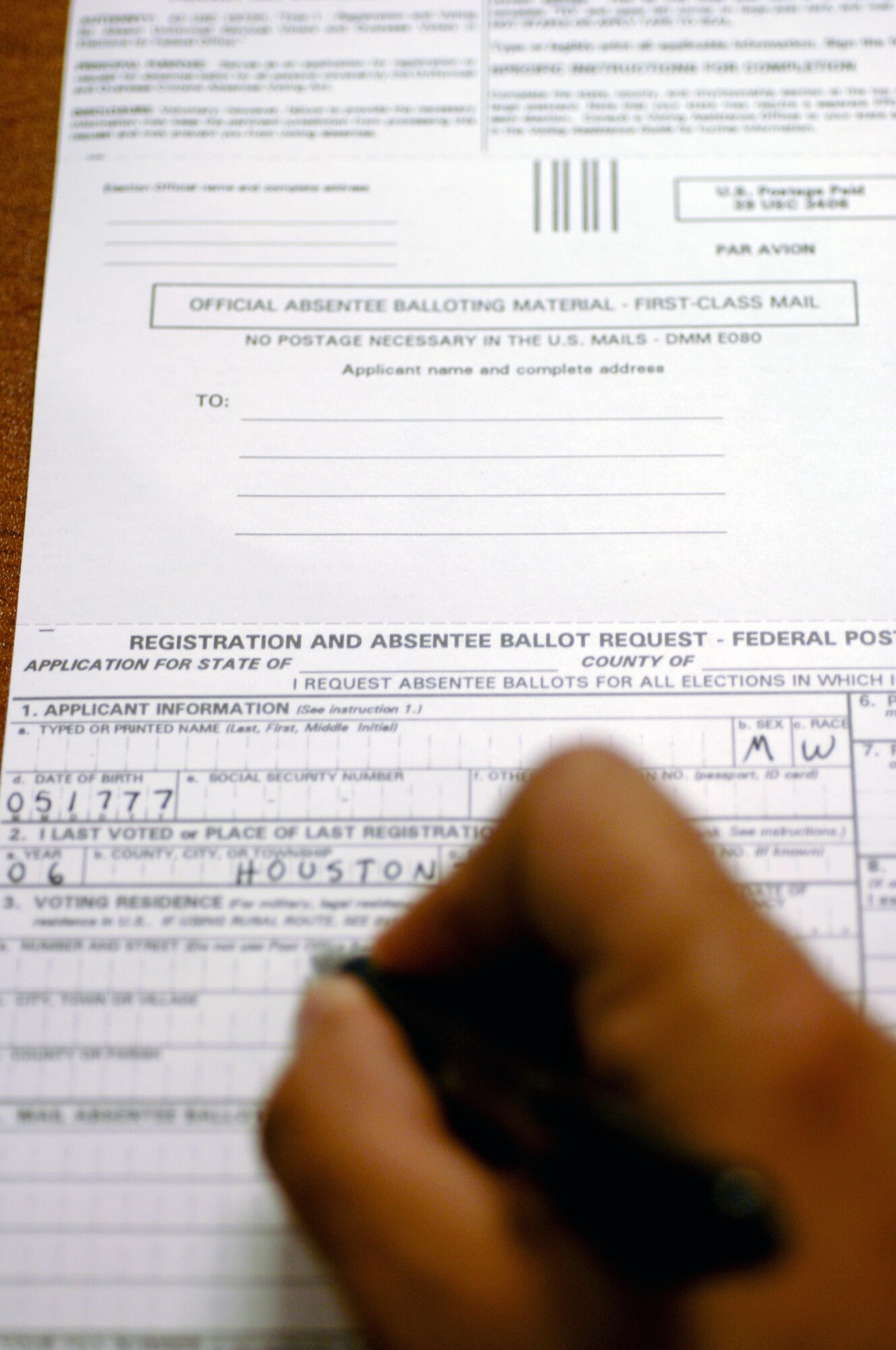 SHAW AIR FORCE BASE, S.C. -- This is a registration and absentee ballot request. Voters should register at least 60 days prior to any election to ensure they receive their absentee in time for their vote to be returned and counted, said Mr. John Menger, Shaw voting installation officer. (U.S. Air Force photo/Staff Sgt. Nathan Bevier)