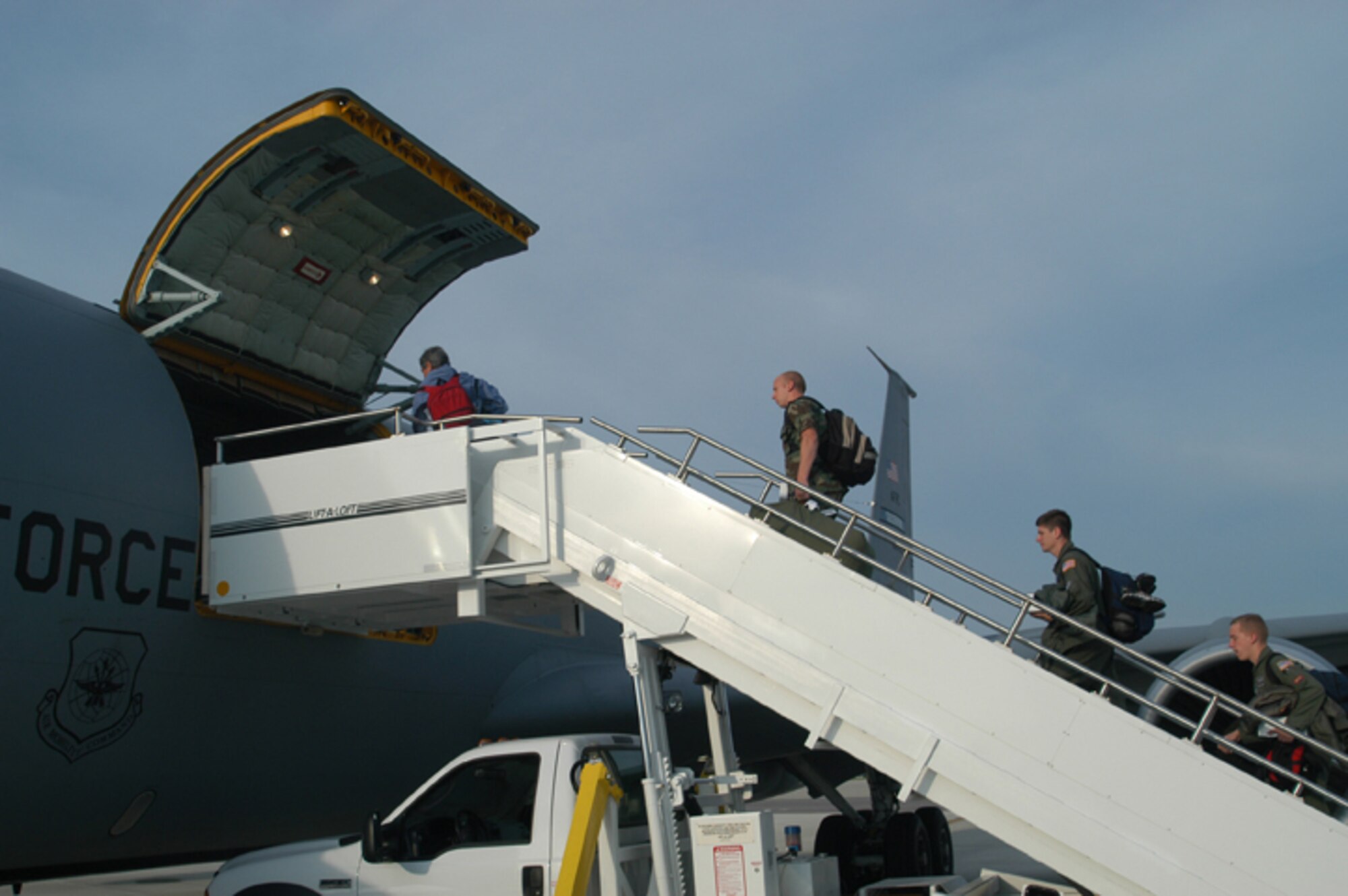 GRISSOM AIR RESERVE BASE, Ind., -- Members of the Purdue University - Air Force Academy research team board a KC-135R Stratotanker prior to their departure for Thule Air Base, Greenland. The 434th Air Refueling Wing provided airlift for the team and its equipment.  (U.S. Air Force photo/Lt. Col. Gary Lockard)                                