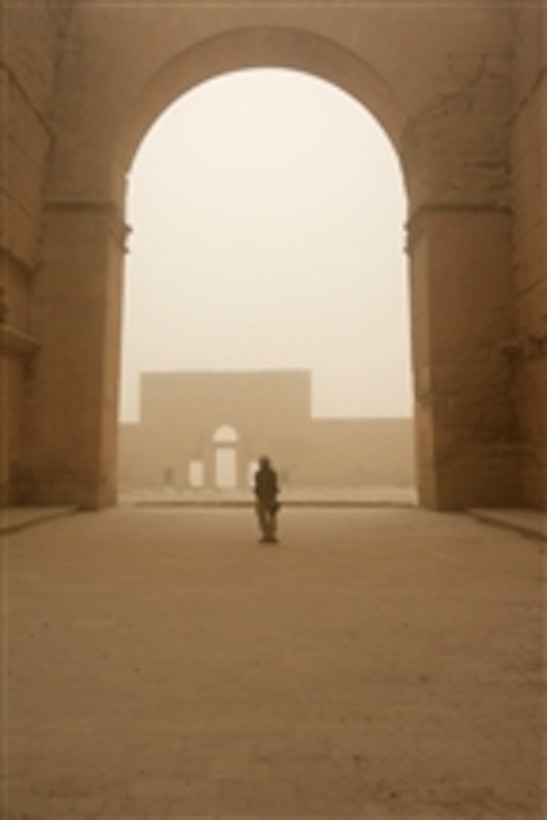 A U.S. Marine with a ground combat element assigned to Delta Company, 2nd Light Armored Reconnaissance Battalion, Task Force Mechanized, Multi-National Force - West walks through the Hatra Ruins in the Jazeerah Desert in Iraq on July 20, 2008.  The task force is conducting disruption operations in the area to deny the enemy sanctuary and prevent foreign fighters from accessing the area.  