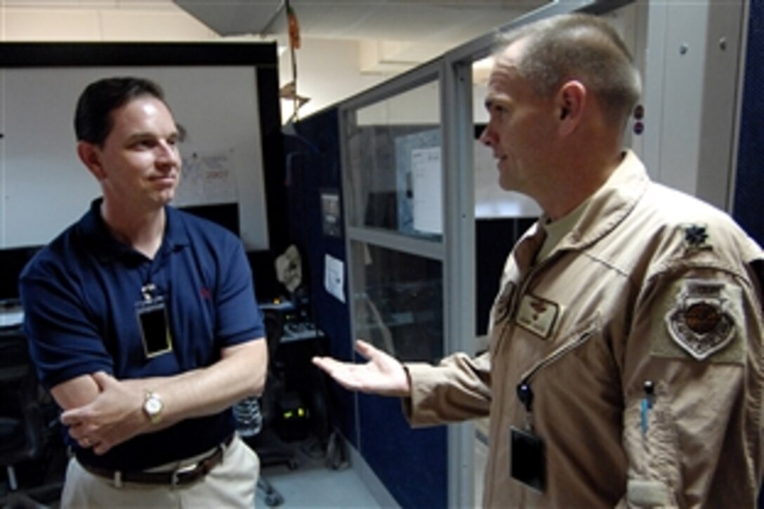 Robert Hastings, left, principal deputy assistant secretary of defense for public affairs, speaks with U.S. Air Force Lt. Col. Johnny Roscoe during a tour of the Combined Joint Operations Center in Southwest Asia, July 28, 2008.