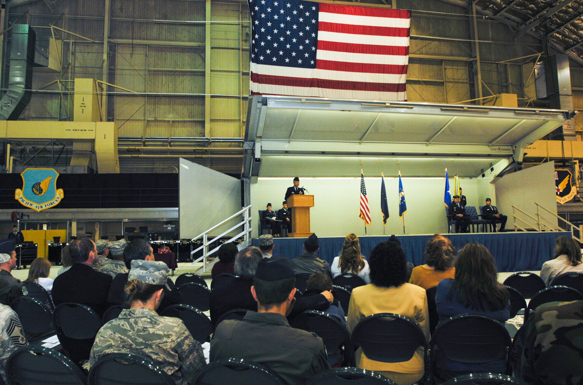 ELMENDORF AIR FORCE BASE, Alaska -- Col. James Harrold speaks to the attendants of the 3rd Mission Support Group change of command ceremony at Hangar 1 July 18. (U.S. Air Force photo/Airman 1st Class Tinese Treadwell)