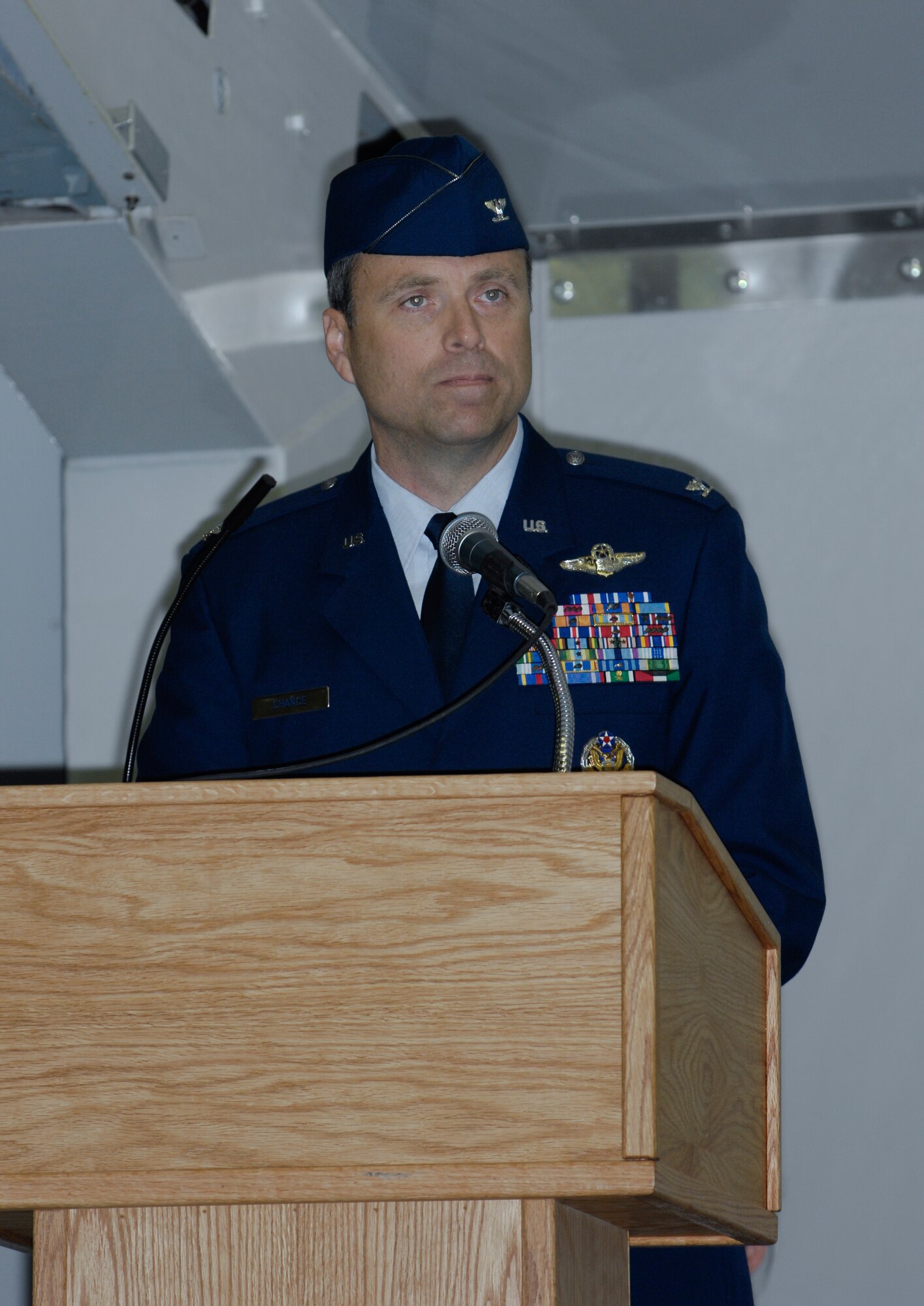 ELMENDORF AIR FORCE BASE, Alaska -- Col. Mark Chance, 3rd Mission Support Group commander, speaks to the flights of Airmen during the 3rd MSG change of command at Hangar 1 July 18. (U.S. Air Force photo/Airman 1st Class Tinese Treadwell)