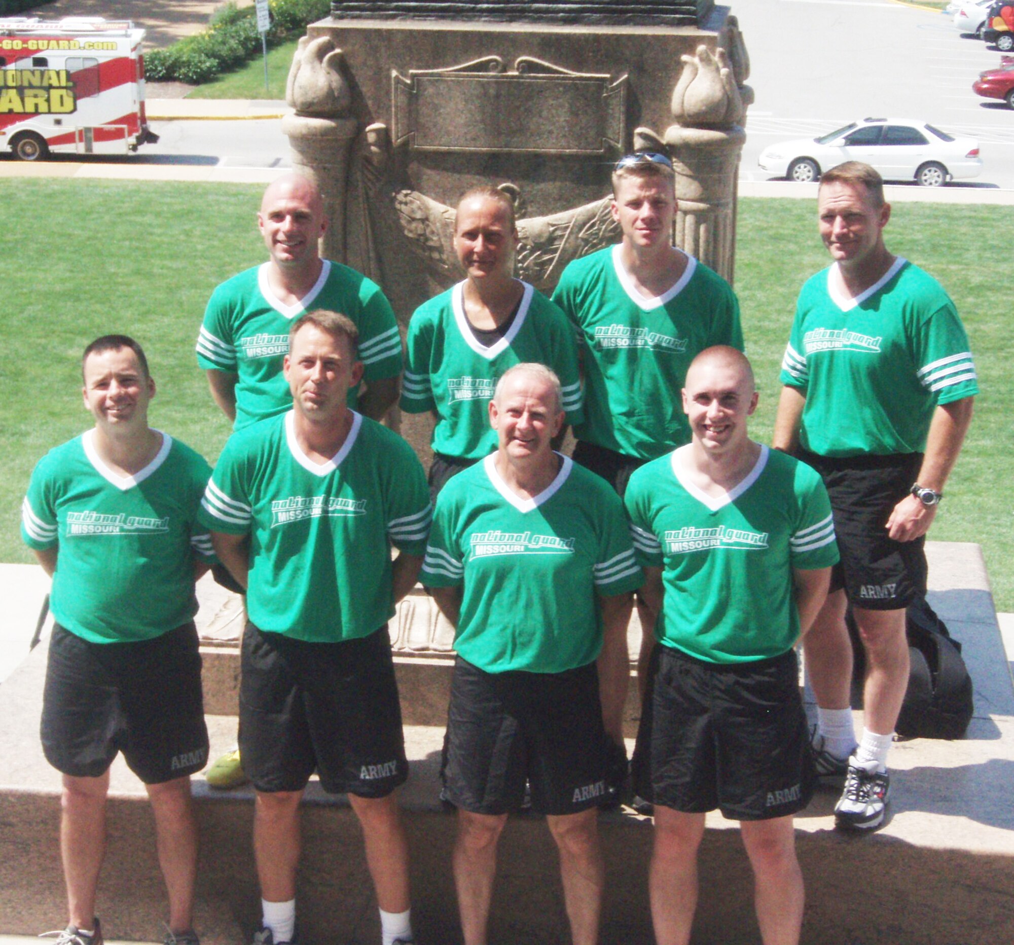 COLUMBIA, Mo. - The Missouri National Guard marathon team: (top left to right) Sgt. 1st Class Jamie Turner, Staff Sgt. Michelle Elliot, Staff Sgt. Bo Epple, Command Sgt. Maj. Robert Maze. (bottom left to right) Sgt 1st Class Kannon John, 1st Sgt. Dean Byers, Warrant Officer Roger Fillmer, 2nd Lt Cody Anfinson. (U.S. Army photo/Michelle Queiser)   