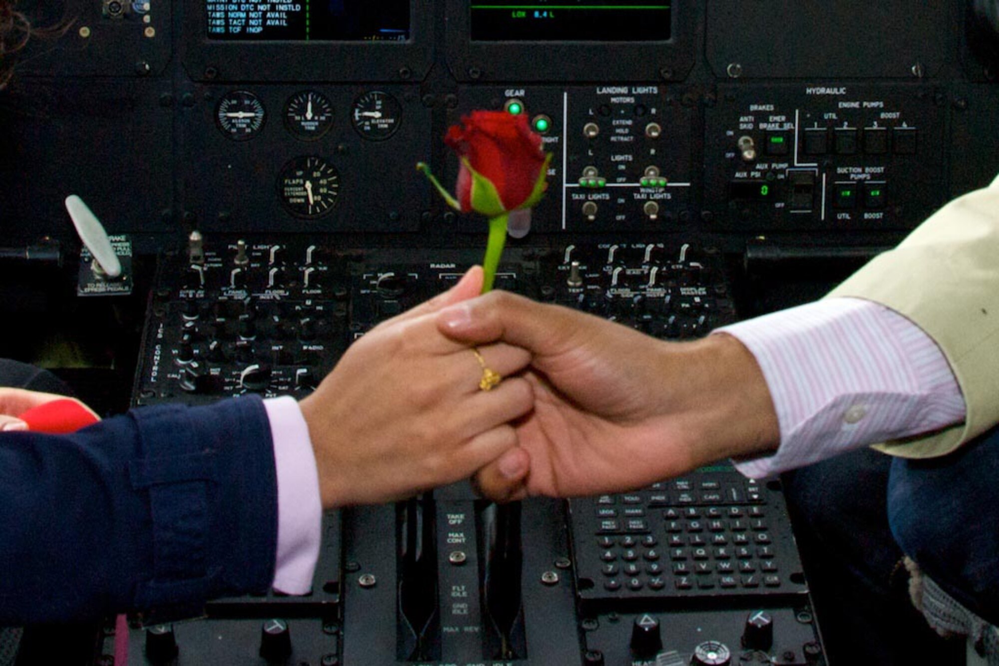 FARNBOROUGH, England -- Before he popped the question, Nitan Vadher gave a rose to his bride-to-be, Seema Chudasama, on the flight deck of a C-130J during the Farnborough Air Show 2008 in England. (U.S. Air Force photo/Maj. Chad E. Gibson)

