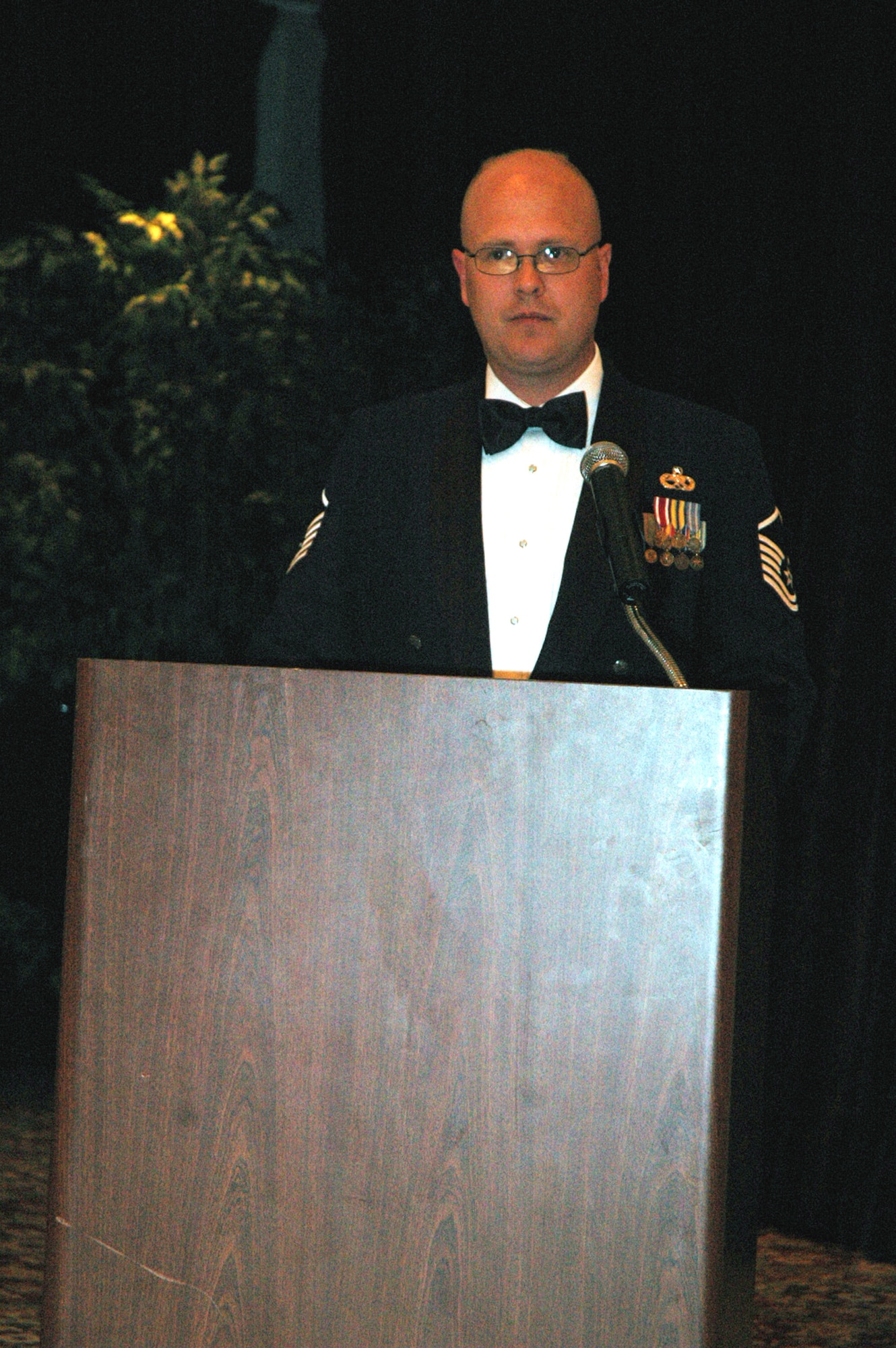Master Sgt. Joe Bailey, 605th Aircraft Maintenance Squadron, serves as one of the emcees for the 2008 McGuire Air Force Base, N.J., Senior NCO Induction Ceremony.  Sergeant Bailey, along with Master Sgt. Timothy Wasut, U.S. Air Force Expeditionary Center first sergeant from Fort Dix, N.J., led the proceedings for the ceremony.  (U.S. Air Force Photo/Tech. Sgt. Scott T. Sturkol)