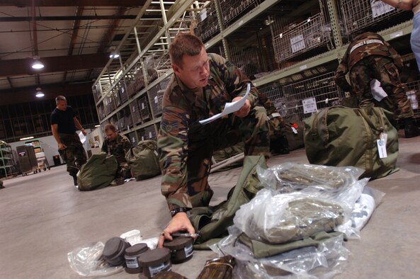 Senior Airman Clayton Potter inventories his mobility bag at McConnell Air Force Base, Kan., before deploying to Turkey on July 29.  Airman Potter is an Aircraft Hydraulics Systems Journeyman for the 931st Aircraft Maintenance Squadron at McConnell.  He deployed with a third rotation of maintainers his squadron sent to Incirlik Air Force Base, Turkey, in support of Operations Iraqi and Enduring Freedom. (U.S. Air Force Photo/Tech. Sgt. Jason Schaap)