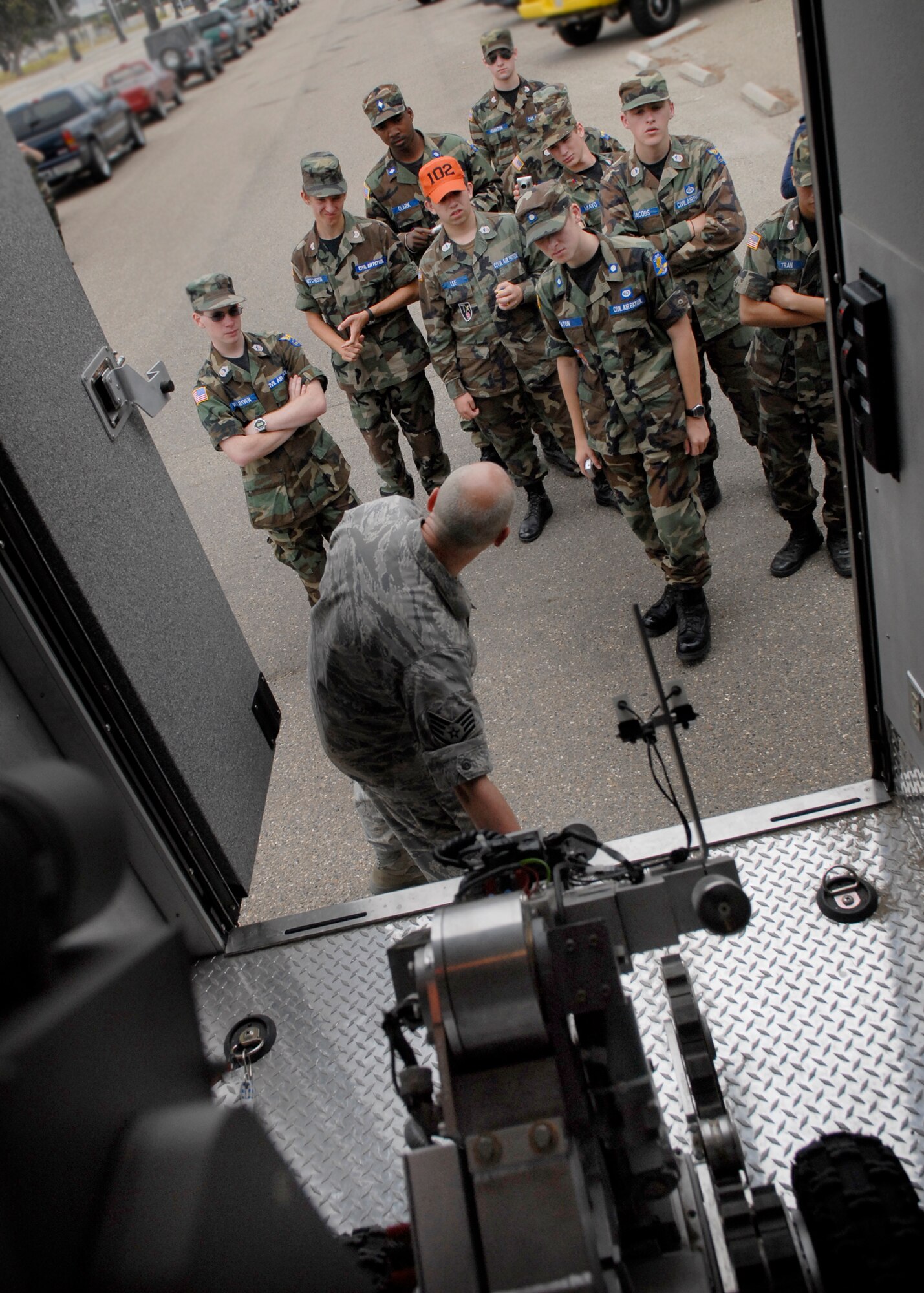 VANDENBERG AIR FORCE BASE, Calif. --  Staff Sgt. Michael Gibson II, a 30th Civil Engineer Squadron explosive ordnance disposal technician, shows cadets from the Civil Air Patrol the F6 robot used for disposing of explosives ordinances safely.   (U.S. Air Force photo/Airman 1st Class Andrew Satran)
