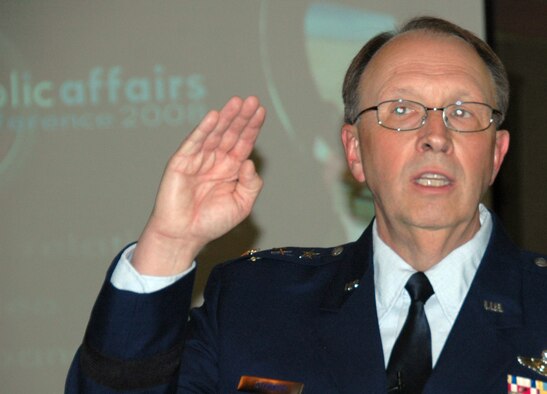 Lt. Gen. Charles E. Stenner Jr. talks to Airmen and civilians attending the Air Force Reserve Command Public Affairs Conference 2008 in Aurora, Colo., on July 26. General Stenner is Chief of Air Force Reserve, Headquarters U.S. Air Force, Washington, D.C., and Commander, Air Force Reserve Command, Robins Air Force Base, Ga.