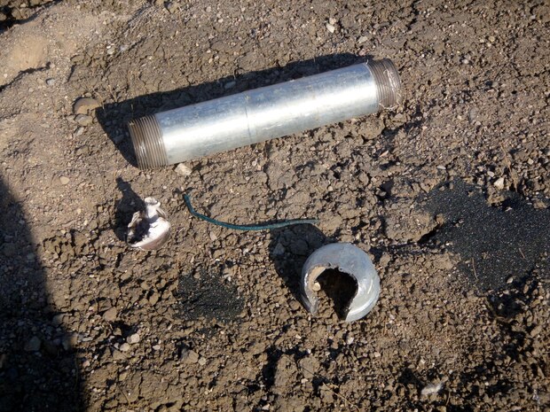 The diffused pipe bomb is pictured here. Two members from Malmstrom's Explosive Ordnance Disposal team were called to assist with the dismantling Sunday. (U.S. Air Force photo/Master Sgt. C.J. Reeves)        
