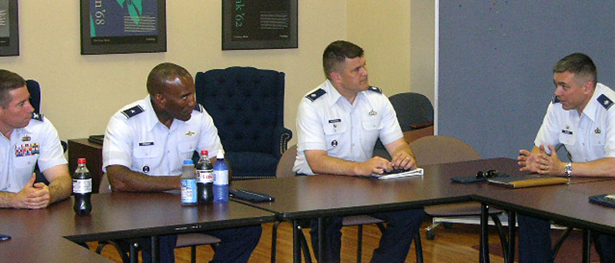 Brig. Gen. Alfred J. Stewart, center, listens to issues presented by 360th Recruiting Group and Squadron leaders at the 360th RCG Training Symposium in June in Gettysburg, Pa. Seated beside the Air Force Recruiting Service commander are Col. Anthony Henderson, left, group commander, Lt. Col. Jeffrey Maceachron, right, group deputy commander, with the group’s squadron commanders seated around the discussion area. The general concluded the event with motivational theme, "Fix bayonets and charge!" (U.S. Air Force photo/Tech. Sgt. Mark Lomax)