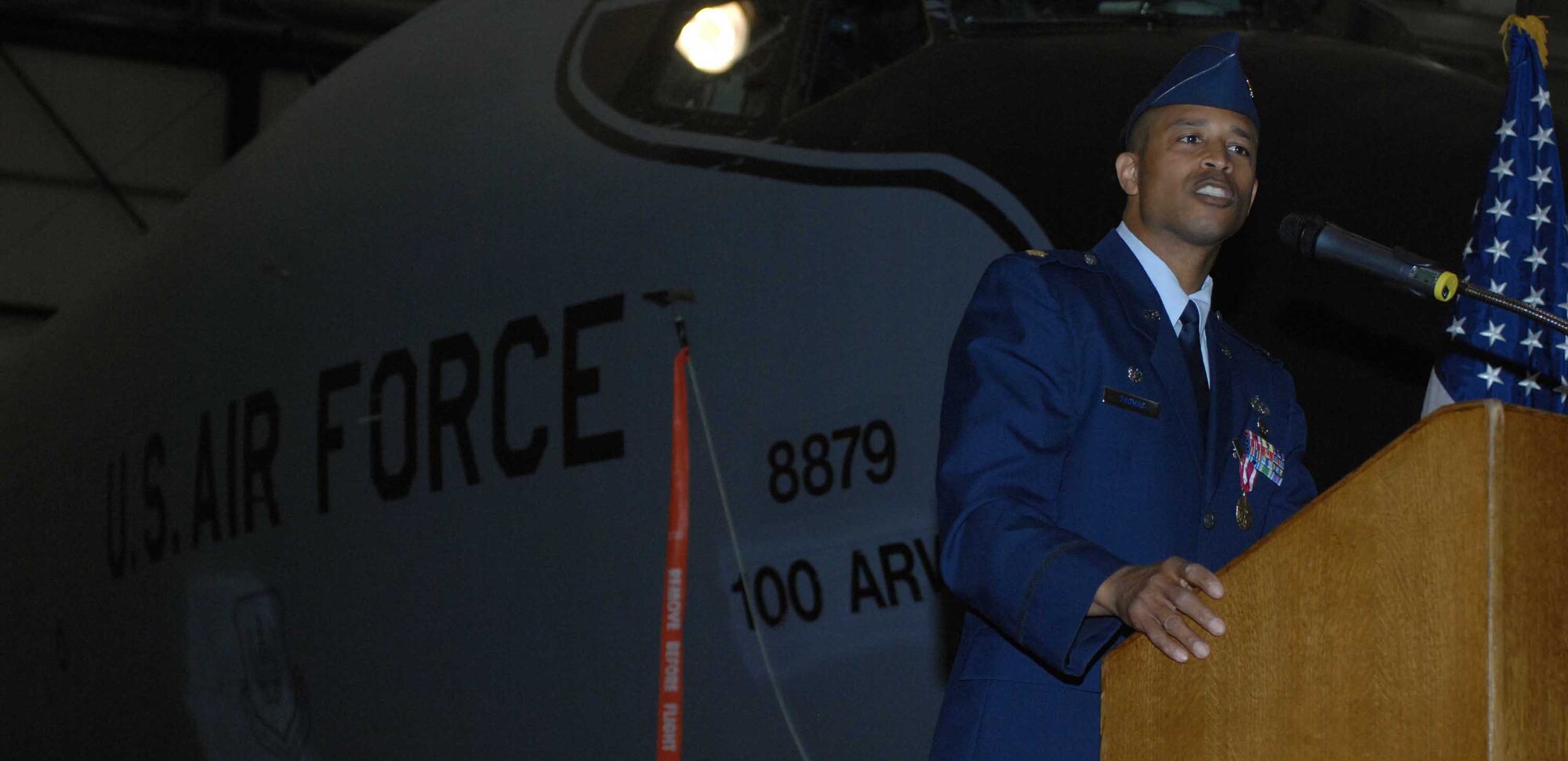 RAF MILDENHALL, England -- Maj. Artemis Thomas gives his last speech as commander to the Airmen of the 100th Maintenance Operations Squadron during the change of command ceremony July 25. Maj. Reggie Christianson is the new 100th MOS squadron commander. (U.S. Air Force photo by Airman 1st Class Brad Smith)