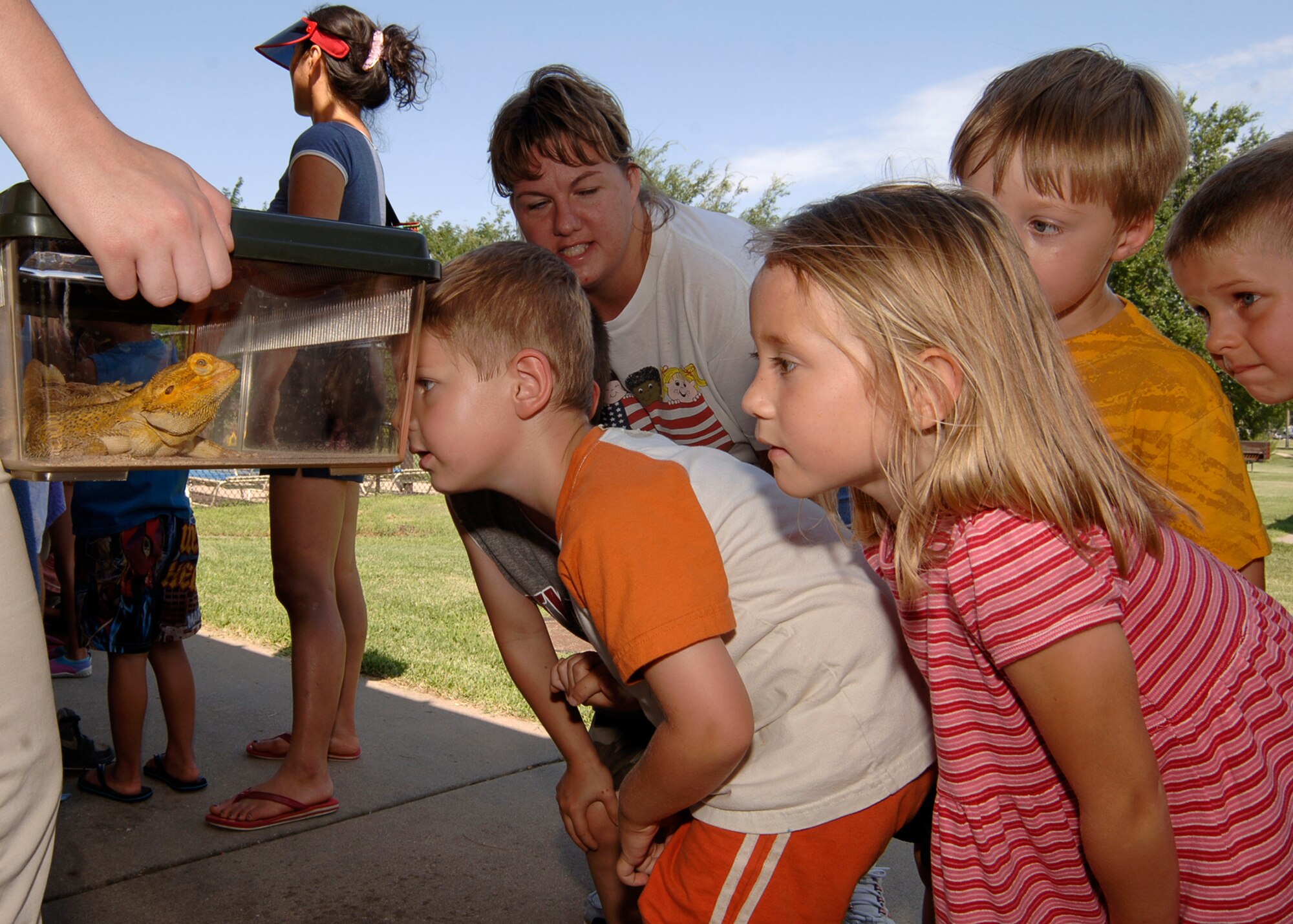 MCCONNELL AIR FORCE BASE, Kan. -- Team McConnell family members look at “Bonzer” the bearded dragon during the Summer Reading Program finale at the base pavilion, July 25. (Photo by Airman 1st Class Maria Ruiz)
