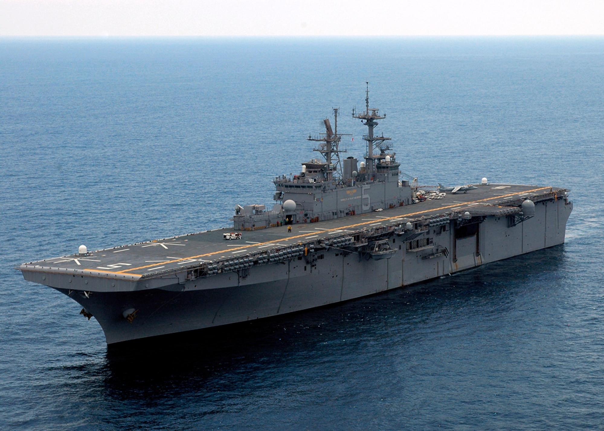 The multipurpose amphibious assault ship USS Bataan (LHD 5) steams in the Atlantic Ocean. The Bataan is participating in Joint Task Force Exercise 08-4 "Operation Brimstone" off the Atlantic coast. (U.S. Navy photo/Seaman Jessica Pounts)
