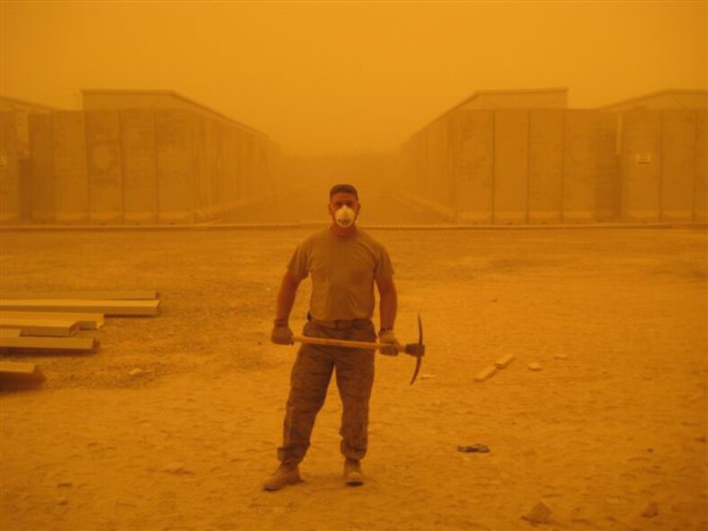 SEYMOUR JOHNSON AIR FORCE BASE, N.C. -- Senior Airman John Long, a heavy equipment operator with the 916th Civil Engineer Squadron, prepares to do some digging while deployed to Baghdad International Airport, Iraq. Airman Long is one of more than a dozen Air Force Reserve engineers deployed from the 916th Air Refueling Wing.