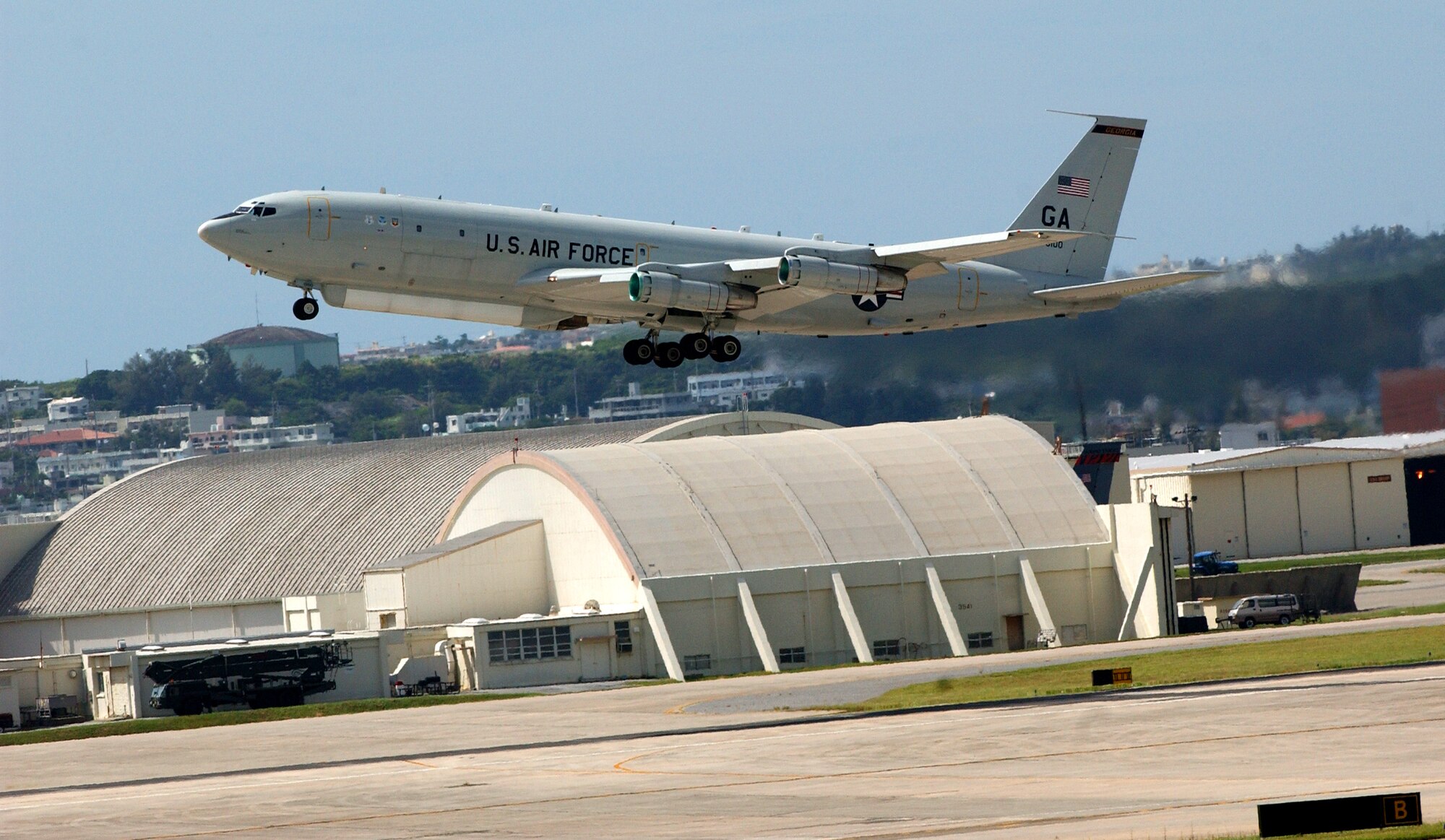 The E-8C Joint Surveillance Target Attack Radar System aircraft takes off from Kadena Air Base to train with the 961st Airborne Air Control Squadron E-3 Sentry for an exercise in the Korean Peninsula area.  (U.S. Air Force photo/Tech. Sgt. Rey Ramon)