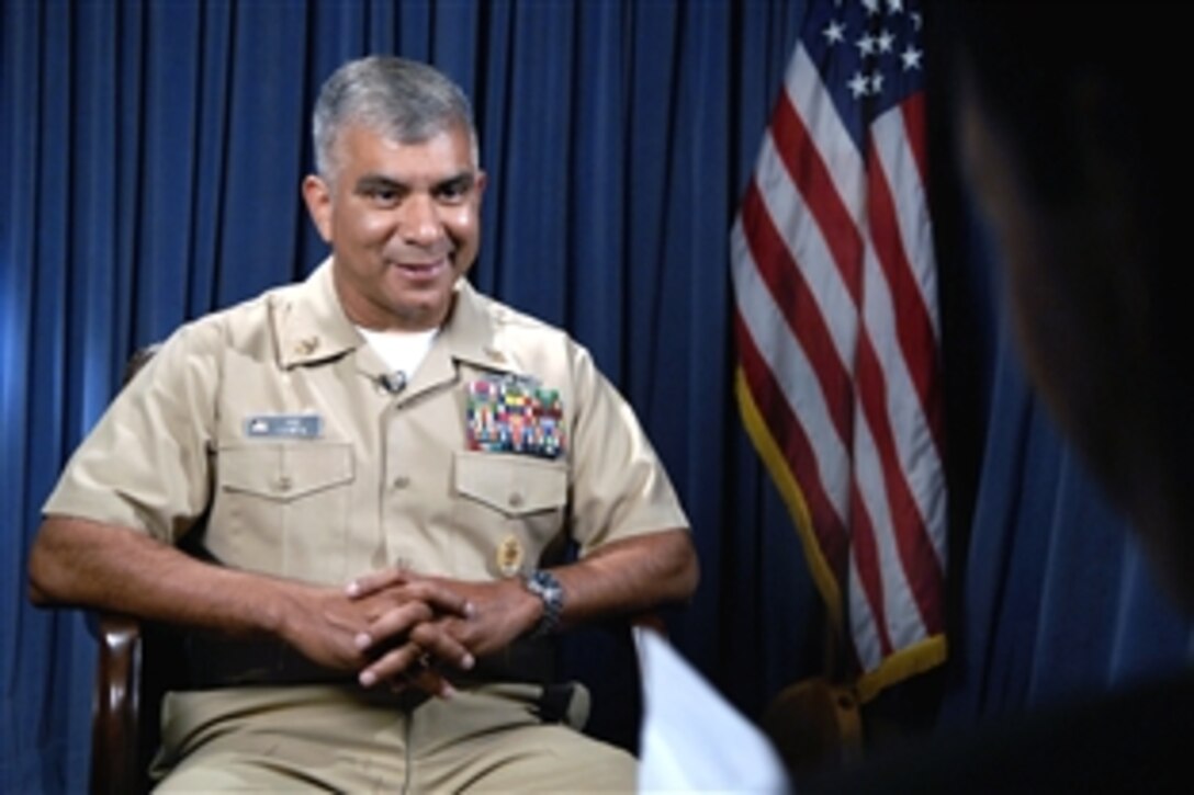 U.S. Navy Master Chief Petty Officer Joe R. Campa Jr. discusses the 60th anniversary of the integration of the armed forces during an interview with the Pentagon Channel, Washington, D.C., July 30, 2008. 