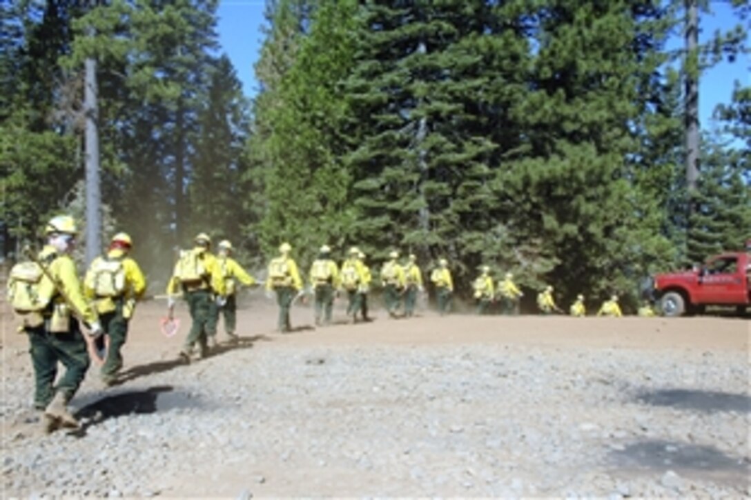 Members from the California Air National Guard's 129th Rescue Wing, 144th Fighter Wing, 146th Airlift Wing, 163rd Reconnaissance Wing and 162nd Combat Communications Group walk to the forest outside of Paradise City, Calif., July 27, 2008 to conduct fireline training during Operation Lightning Strike. More than 200 members from the various California wings were called up to help fight the wildland fires in Northern California. 