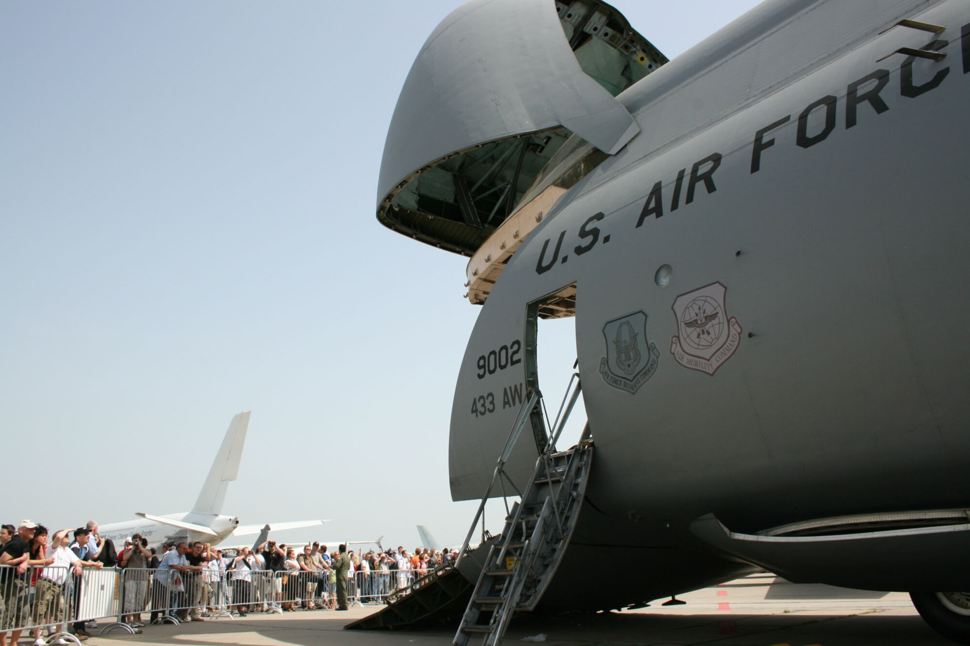 Berlin-Schoenfeld Airport, Germany -- A C-5 Galaxy from the 433rd Air Wing rests with its visor lifted at the 2008 Berlin Air Show May 30. The aircraft was a hit at the show, with the C-5 crew providing personal tours to attendees.  The Berlin Air Show offers the Air Force an opportunity to display aircraft capabilities while forging relationships with international military aviators. The show took place May 27 through 1 June.