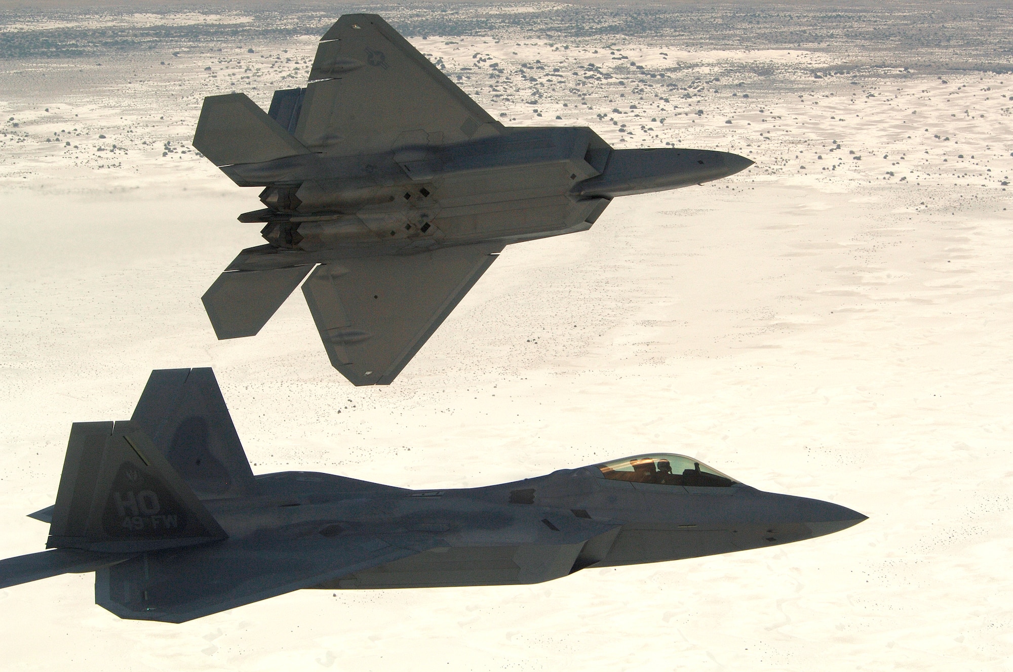 Col. Jeff Harrigian, 49th Fighter Wing commander, and Lt. Col. Mike Hernandez, 7th Fighter Squadron commander, fly a pair of F-22A Raptors over White Sands National Monument, on the way to Holloman Air Force Base, N.M., June 2. The jets are the first two Holloman-tailed F-22's to arrive on base. (U.S. Air Force Photo/ Senior Airman Russell Scalf)