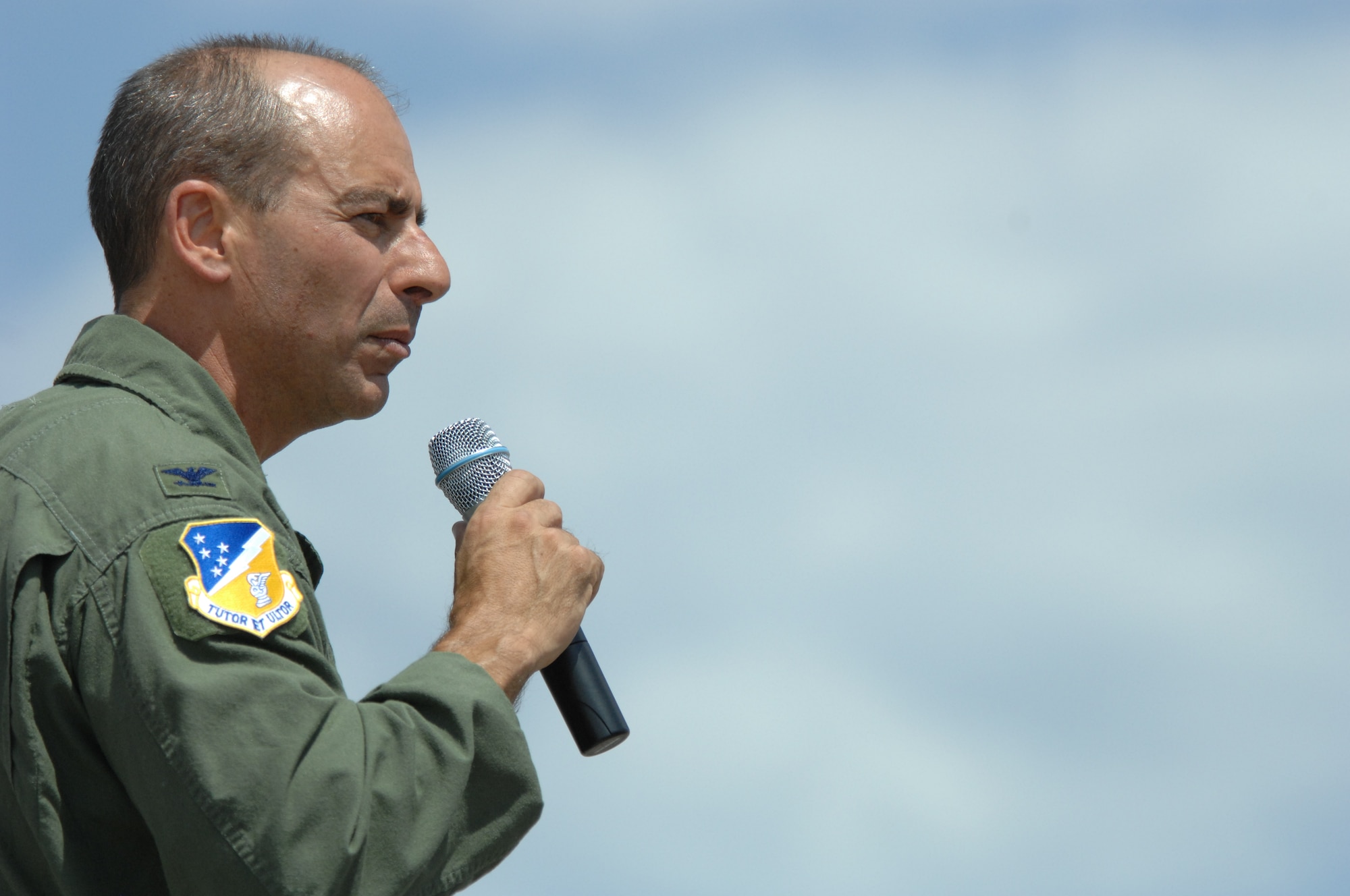 Col. Jeff "Cobra" Harrigian, 49th Fighter Wing commander, speaks about the 7th Fighter Squadron and the features of the F-22A Raptor on Holloman Air Force Base, N.M., June 2..The jet is one of the first two Holloman-tailed F-22s to arrive on base. Prior to landing, the jets flew over the Tularosa Basin, the community had the chance to witness the future of Holloman Air Force Base.

(U.S. Air Force photo/Senior Airman Anthony Nelson Jr)

