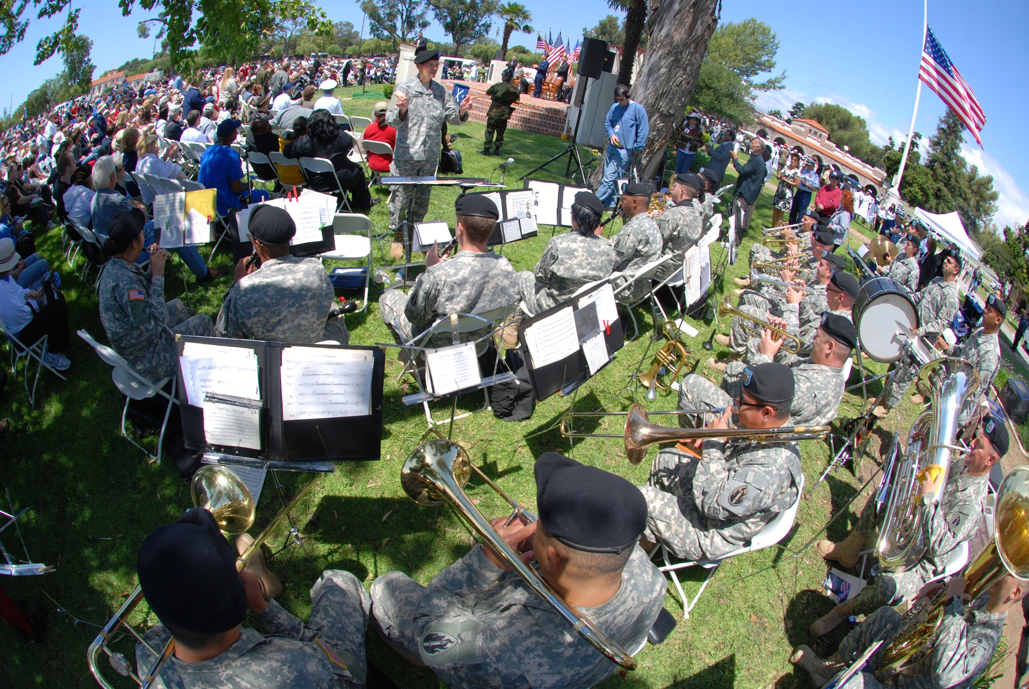 An Army Band plays while the audience looks on at the Memorial Day observance at the Los Angeles National Cemetery, May 16. (Photo courtesy of the Greater Los Angeles VA)