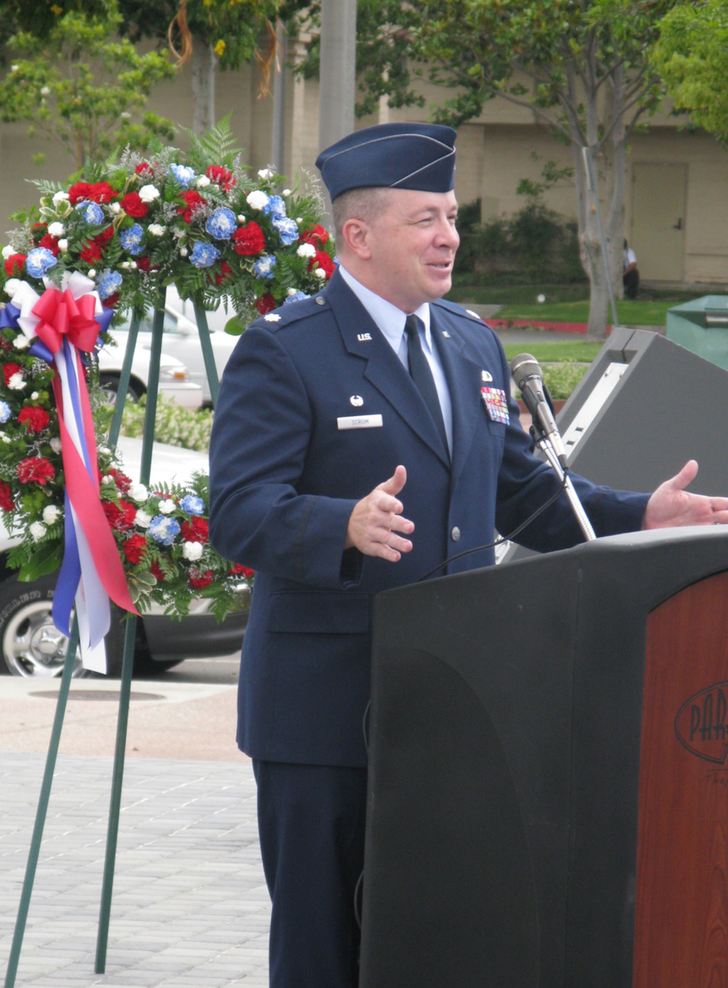 Lt. Col. Brett Scrum, 61st Contracting Squadron commander, delivered a Memorial Day speech in Paramount, May 26.  Members of the Paramount City Council and the Paramount Elks Lodge, as well as approximately 75 guests attended the event.