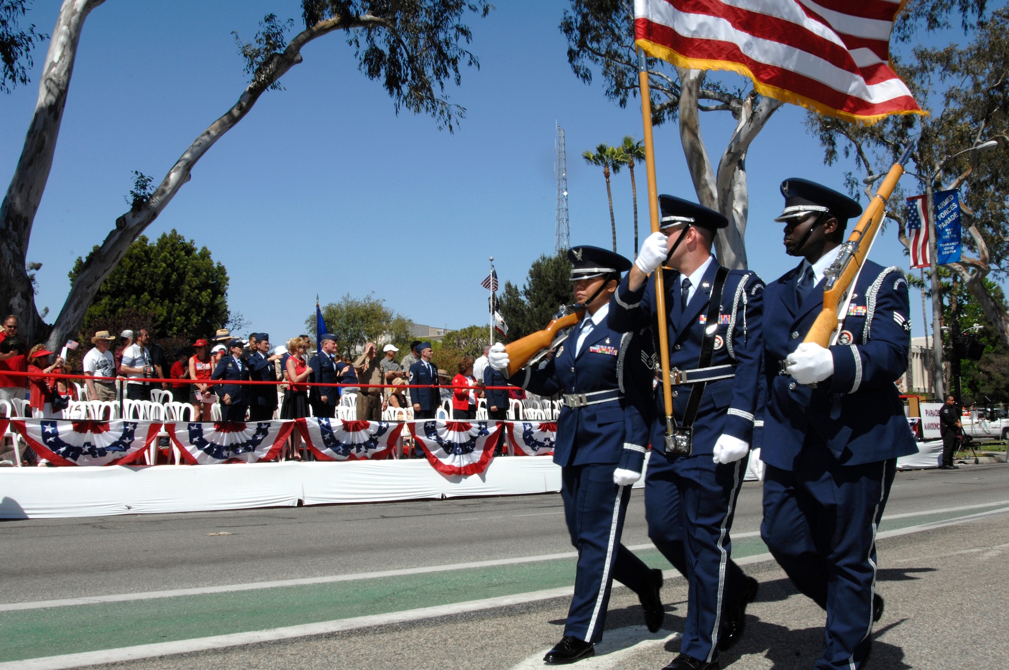 The Los Angeles Air Force Base Honor Guard march in this year’s Torrance Armed Forces Day parade, May 17.  (Photo by Joe Juarez)