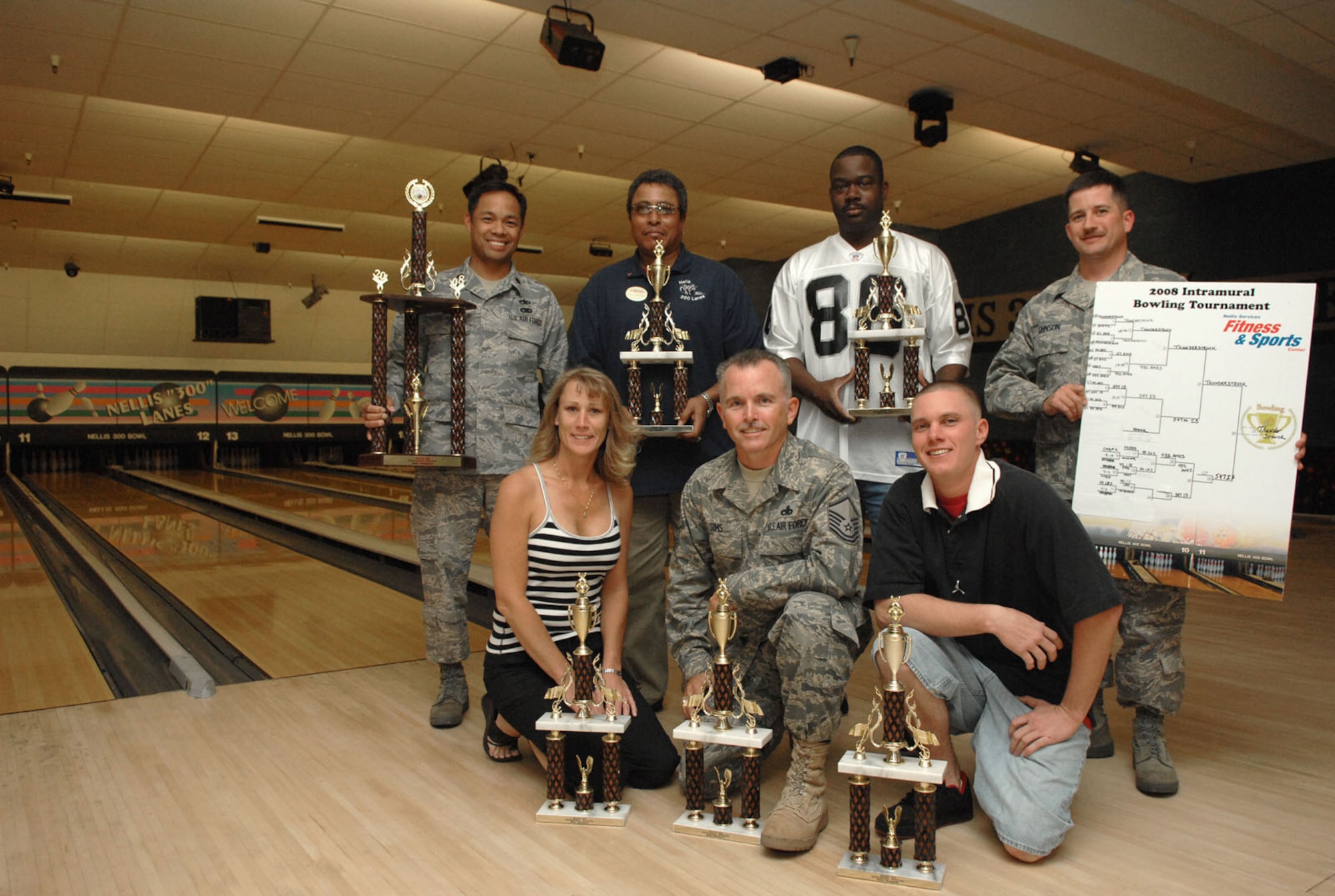 Members of the 57th Aircraft Maintenance Squadron's, team "Thunderstruck" displays their trophy's as the 2008 Nellis Air Force Base intramural bowling champions May 28, 2008 Nellis AFB, Nev. 
(U.S. Air Force Photo/Senior Airman Larry E. Reid Jr.)