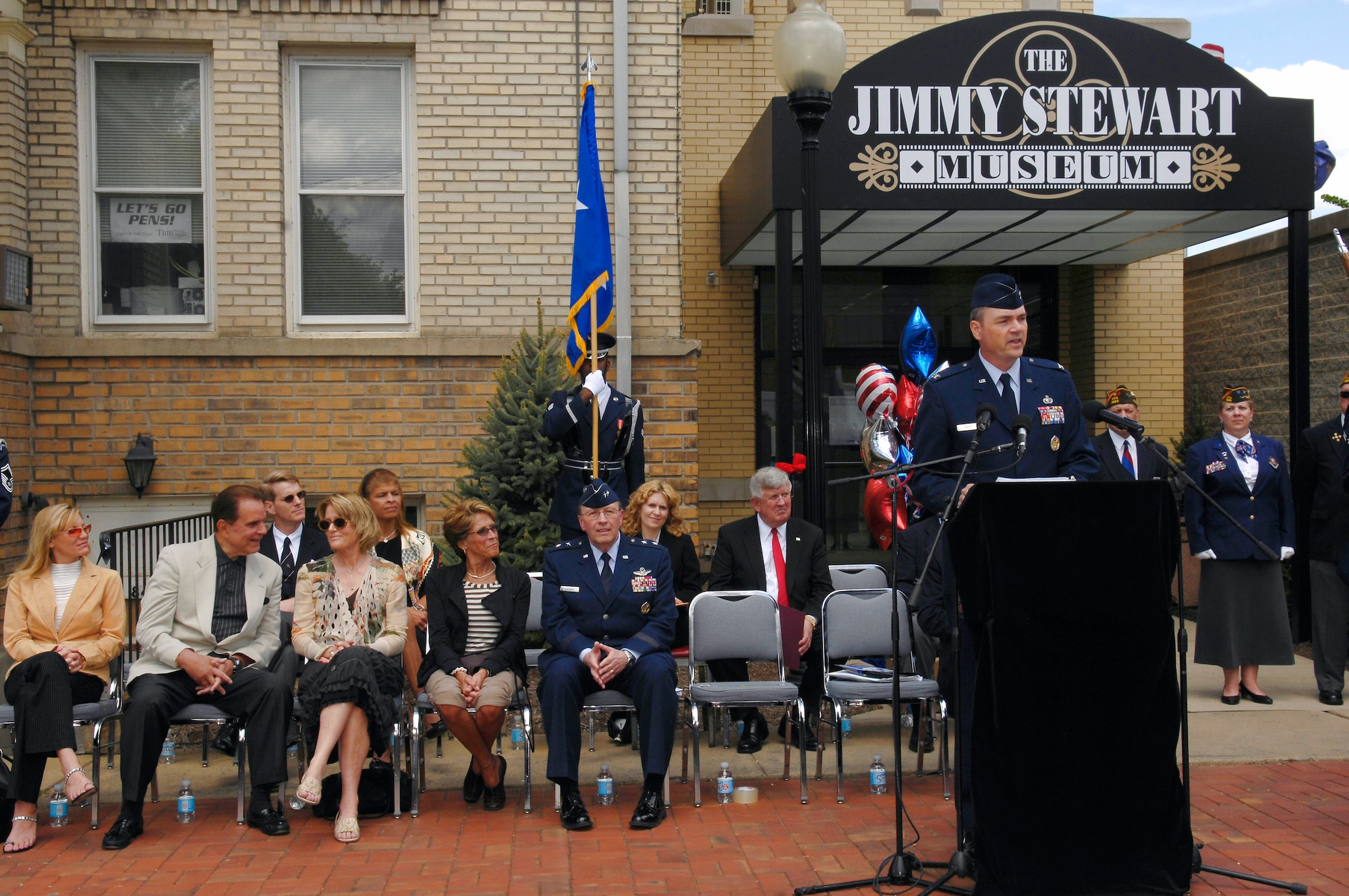 Col. Terry Ross speaks during the Jimmy Stewart Centenniel Celebration May 24 in Indiana, Pa. The famed actor flew bombing missions in World War II and became a brigadier general in the Air Force Reserve. Colonel Ross is the 11th Wing vice commander. (U.S. Air Force photo/Senior Airman Dan DeCook) 
