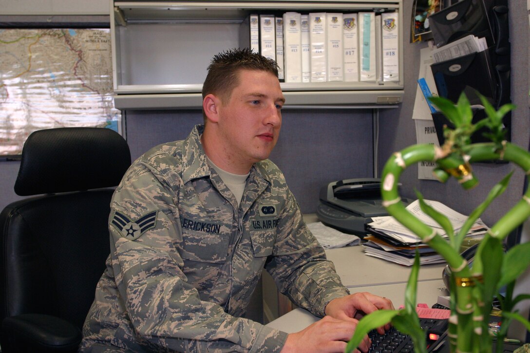 Senior Airman Blake Erickson, an Information Manager in the 419th Communications Squadron, spends much of his duty time making sure that the inner runnings of the squadron go smoothly. He does everything from updating addresses to being the unit’s health monitor.  (U.S. Air Force photo/Staff Sgt. Kyle Brasier)